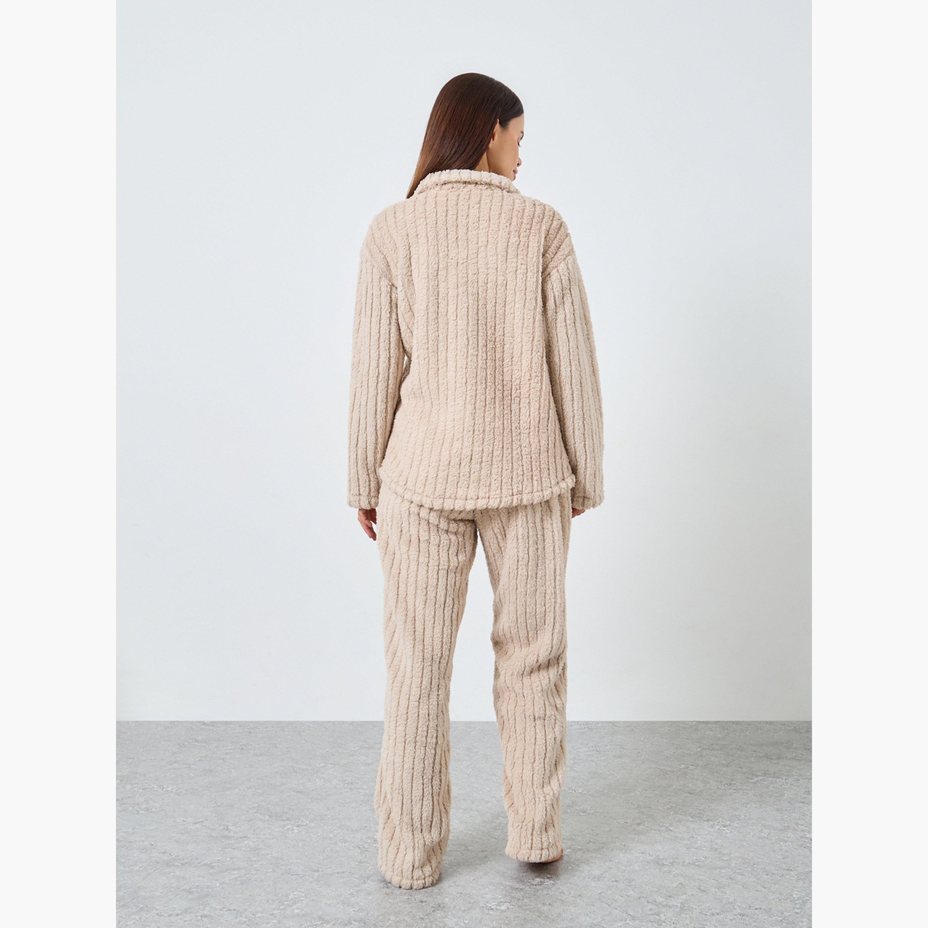Styli Chunky Rib Button Placket Shirt and Pyjama Set-women-clothing-nightwear-pyjamas-longsets-image-3