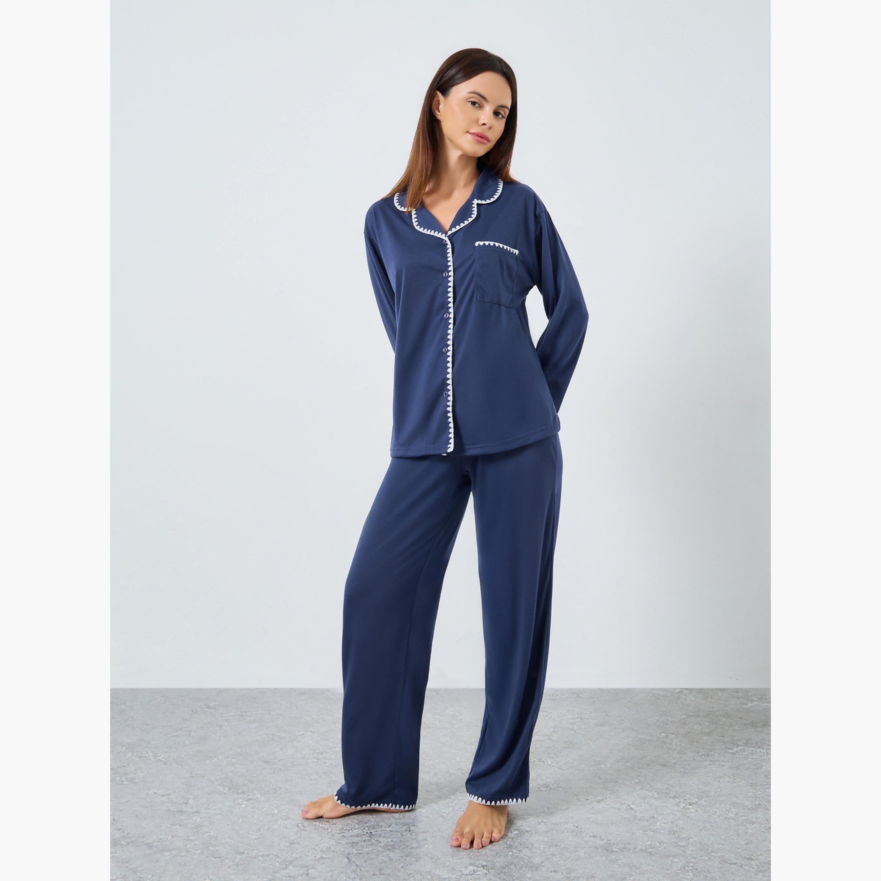 Styli Women Navy Whipstitch Embroidery Edge Shirt and Pyjama Set-women-clothing-nightwear-pyjamas-longsets-image-1