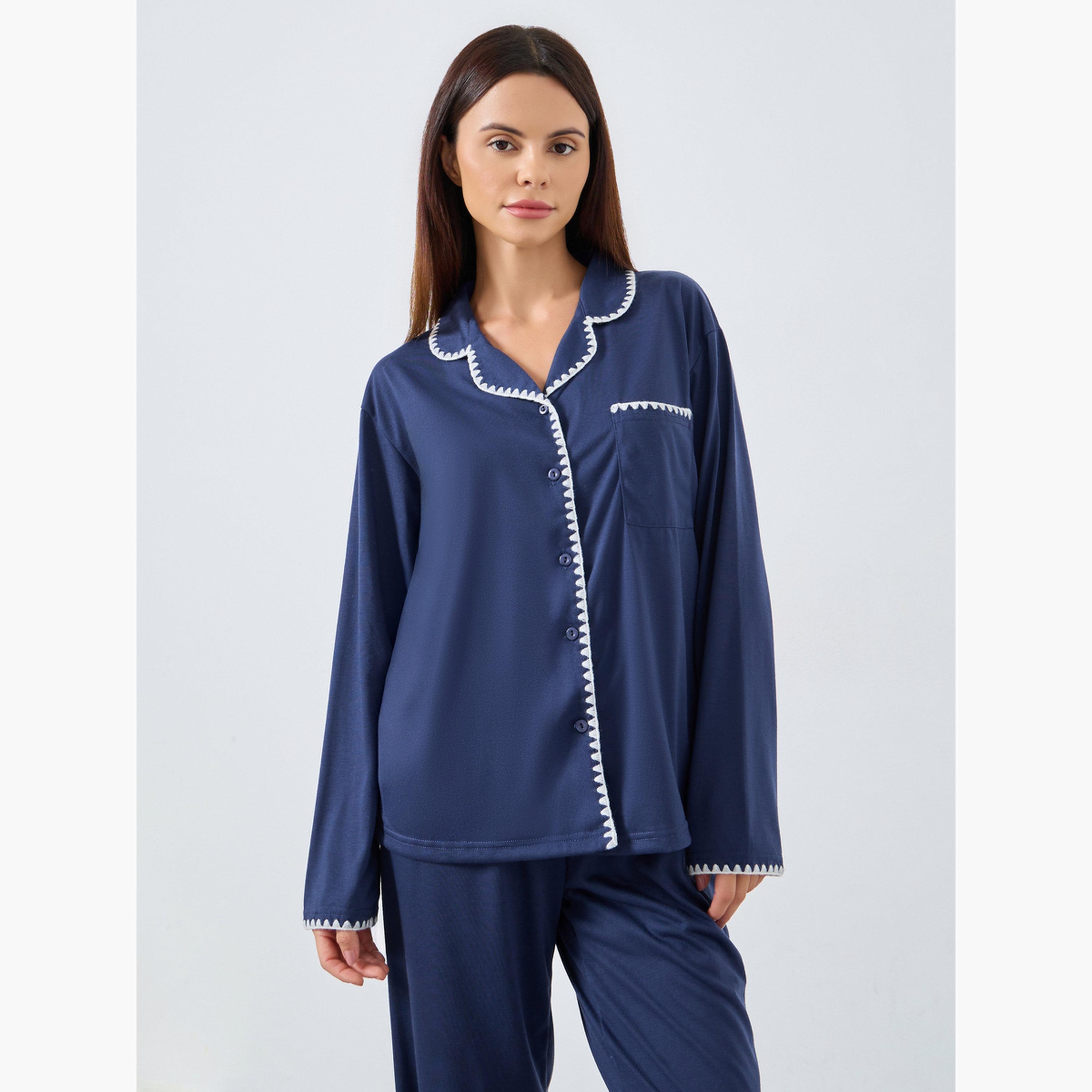 Styli Women Navy Whipstitch Embroidery Edge Shirt and Pyjama Set-women-clothing-nightwear-pyjamas-longsets-image-3