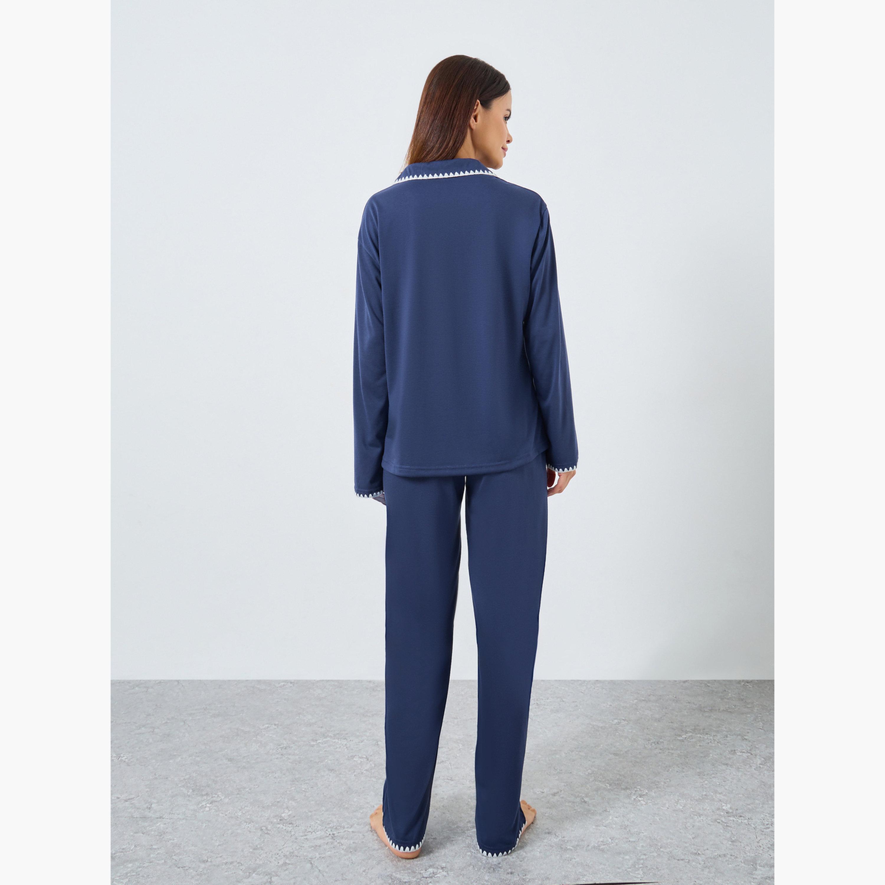 Styli Women Navy Whipstitch Embroidery Edge Shirt and Pyjama Set-women-clothing-nightwear-pyjamas-longsets-image-4