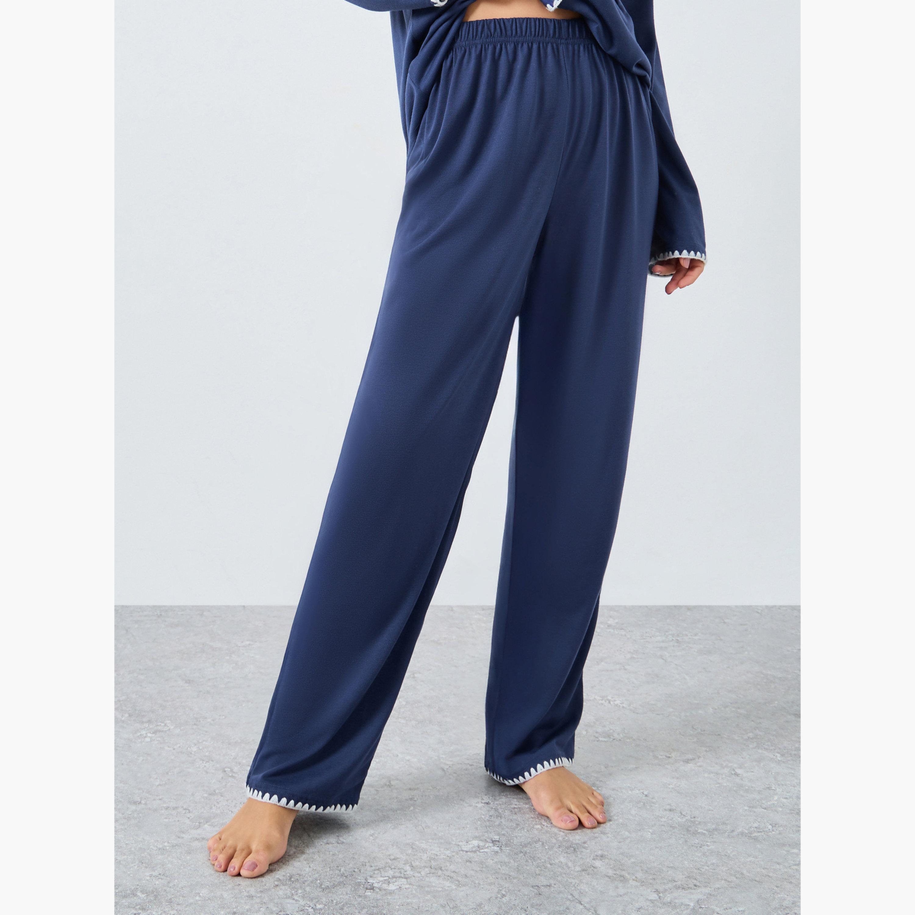 Styli Women Navy Whipstitch Embroidery Edge Shirt and Pyjama Set-women-clothing-nightwear-pyjamas-longsets-image-5