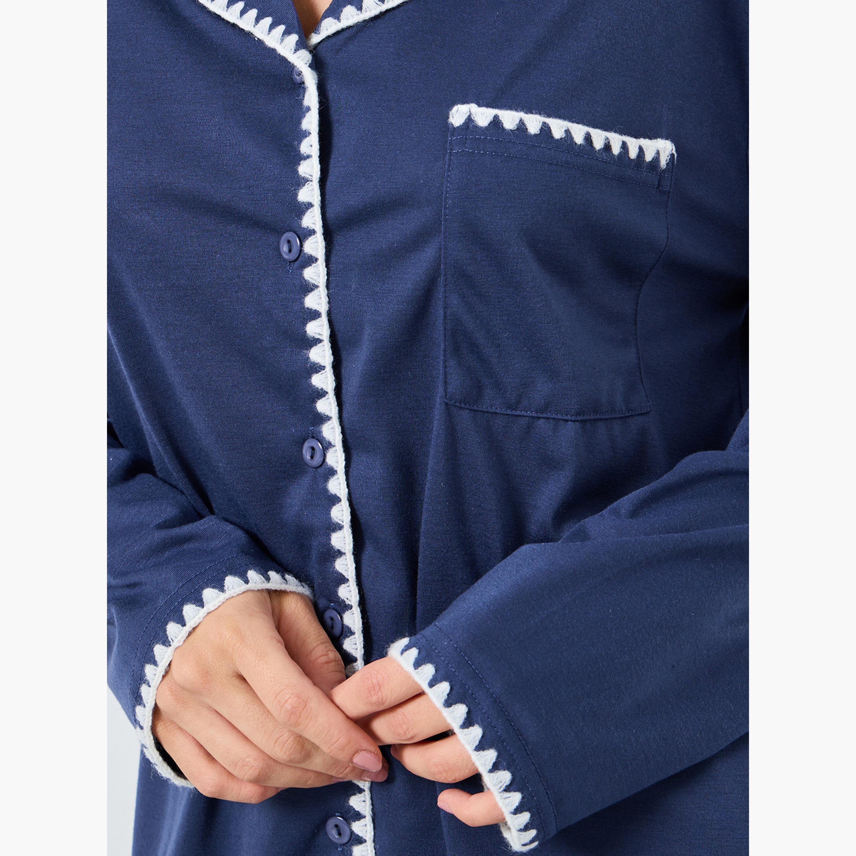 ستايلي - بيجاما قميص بتطريز غرزة السوط لون أزرق بحري للنساء-women-clothing-nightwear-pyjamas-longsets-image-6