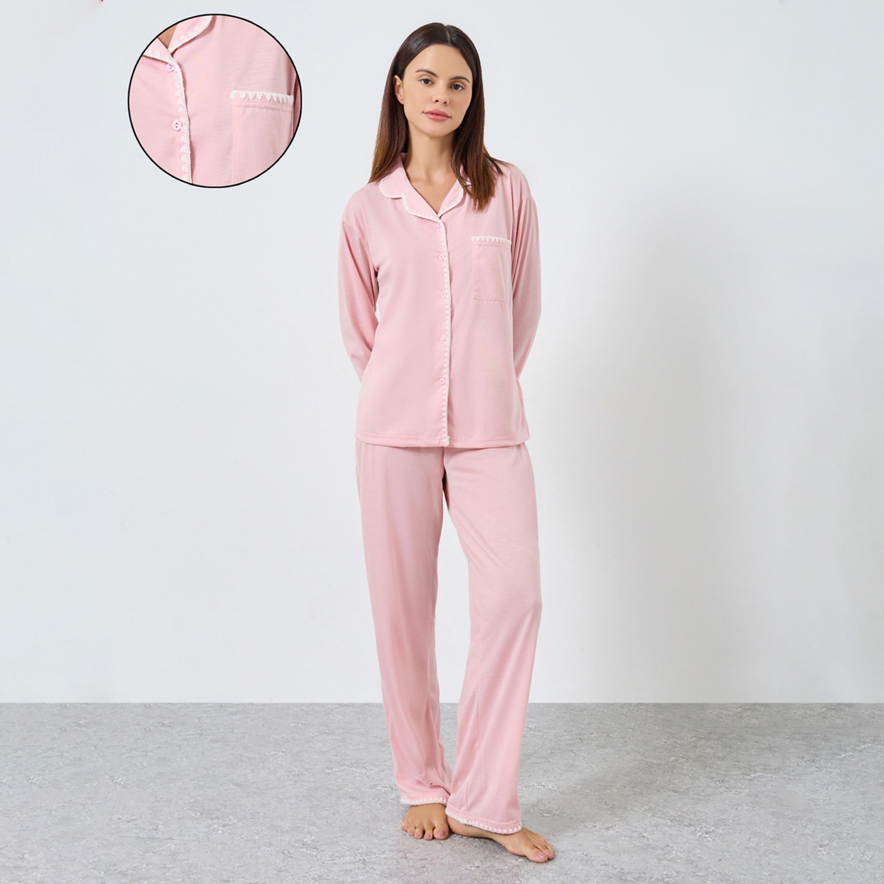 Styli Pink Whipstitch Embroidery Edge Shirt and Pyjama Set-women-clothing-nightwear-pyjamas-longsets-image-1