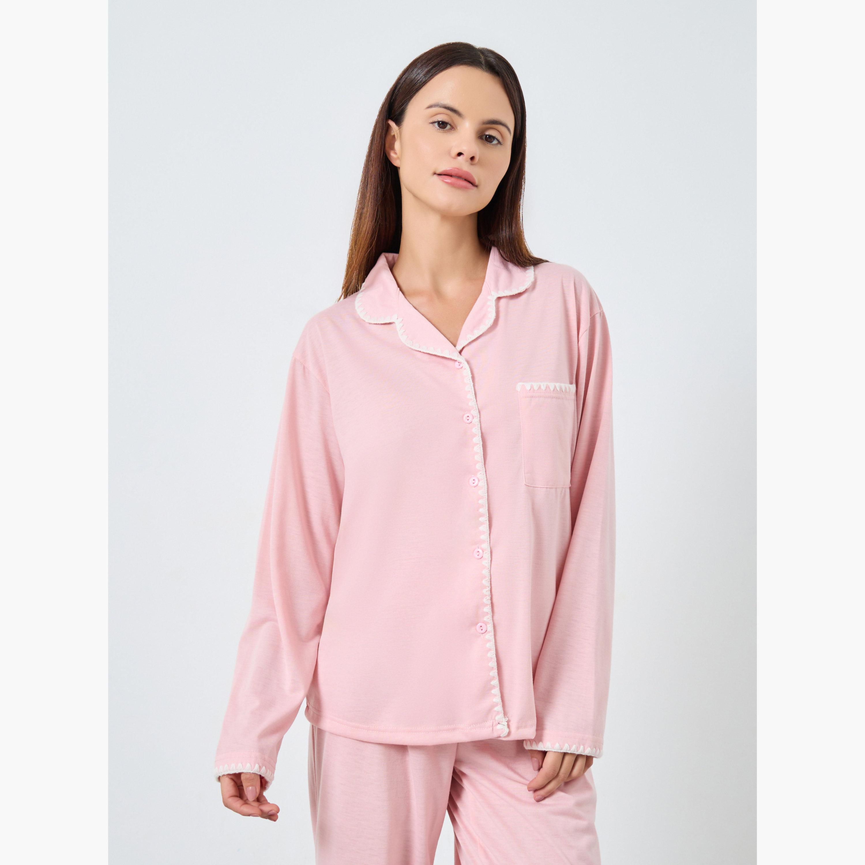 ستايلي - بيجاما قميص بتطريز غرزة السوط الوردية-women-clothing-nightwear-pyjamas-longsets-image-2