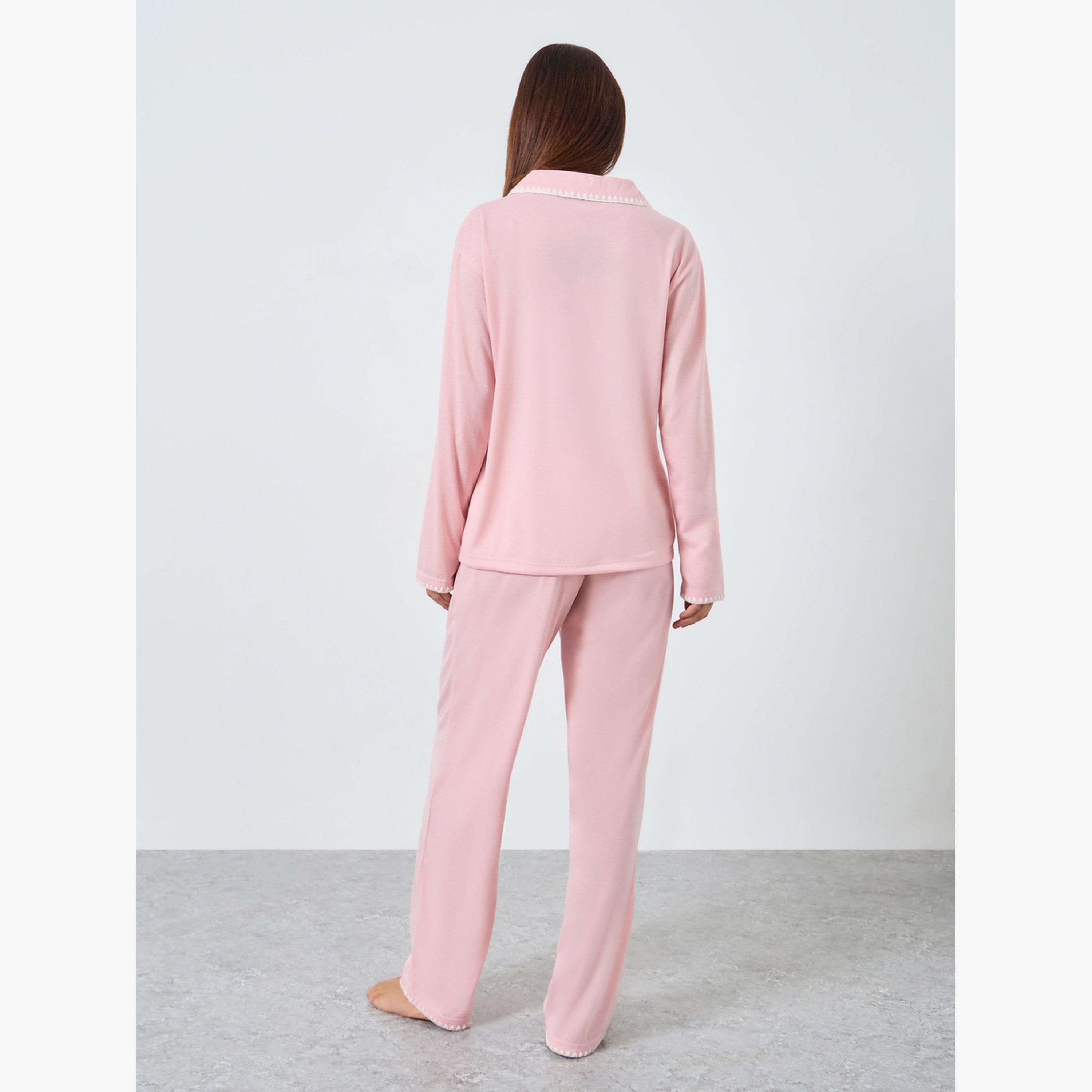 Styli Pink Whipstitch Embroidery Edge Shirt and Pyjama Set-women-clothing-nightwear-pyjamas-longsets-image-3