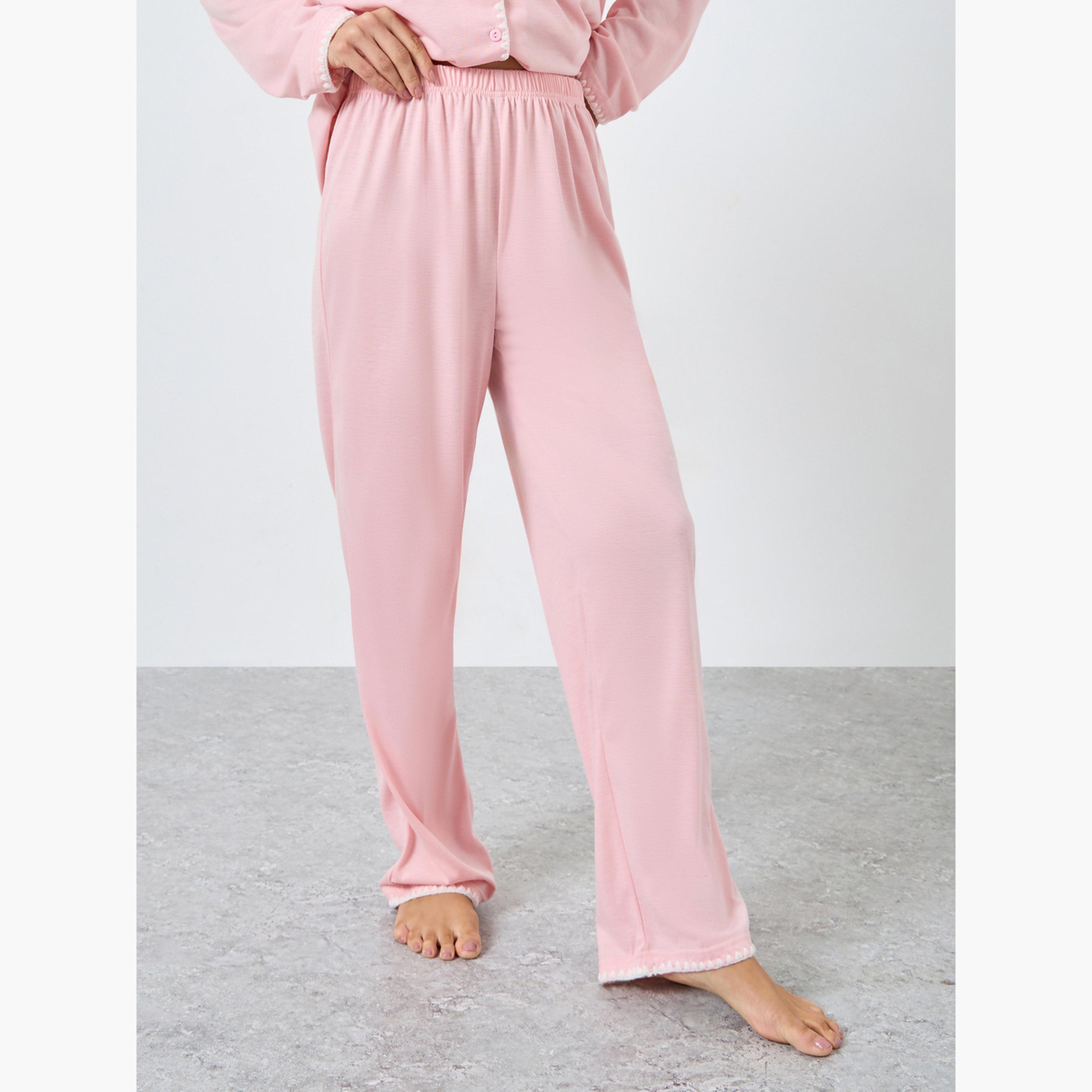 Styli Pink Whipstitch Embroidery Edge Shirt and Pyjama Set-women-clothing-nightwear-pyjamas-longsets-image-4