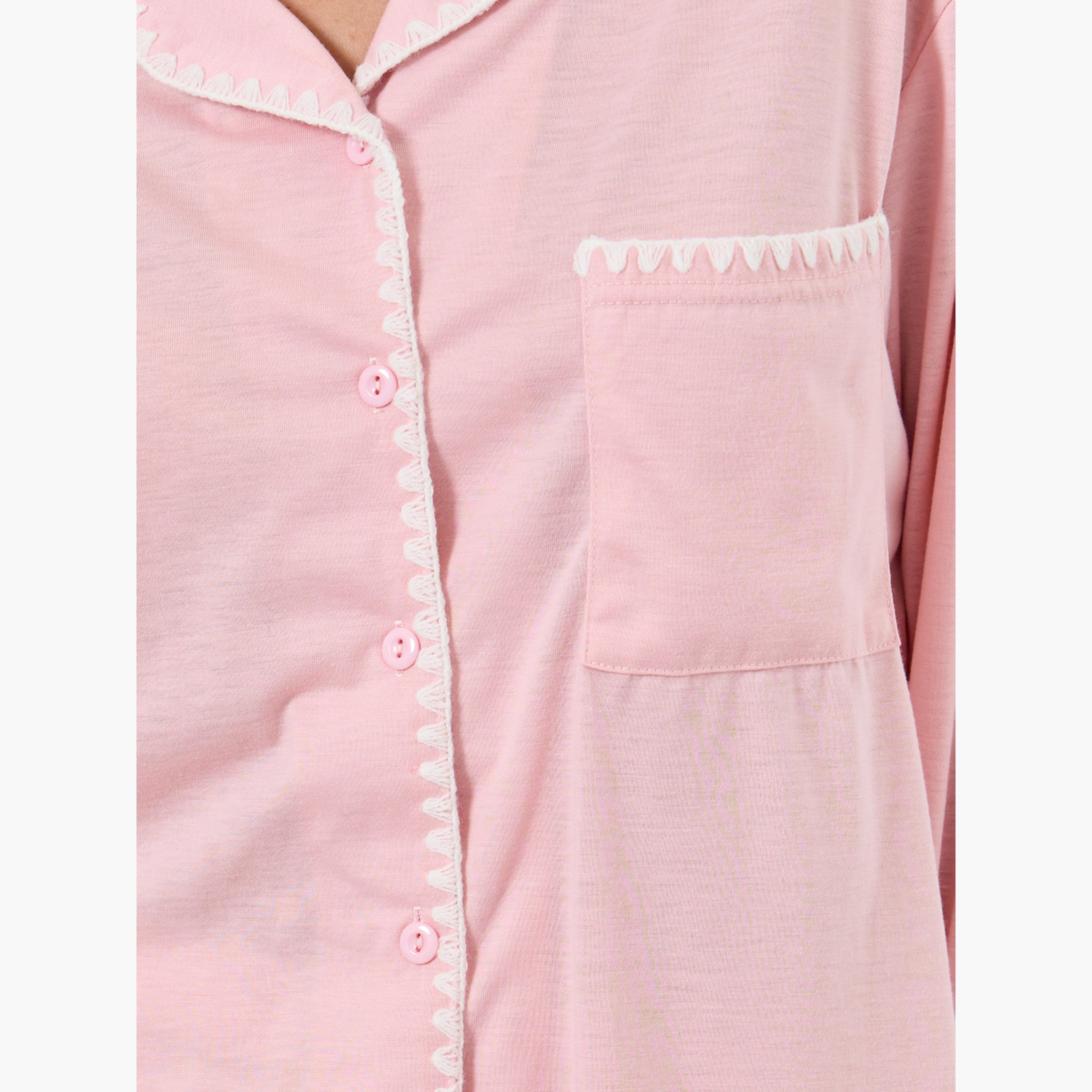 Styli Pink Whipstitch Embroidery Edge Shirt and Pyjama Set-women-clothing-nightwear-pyjamas-longsets-image-5