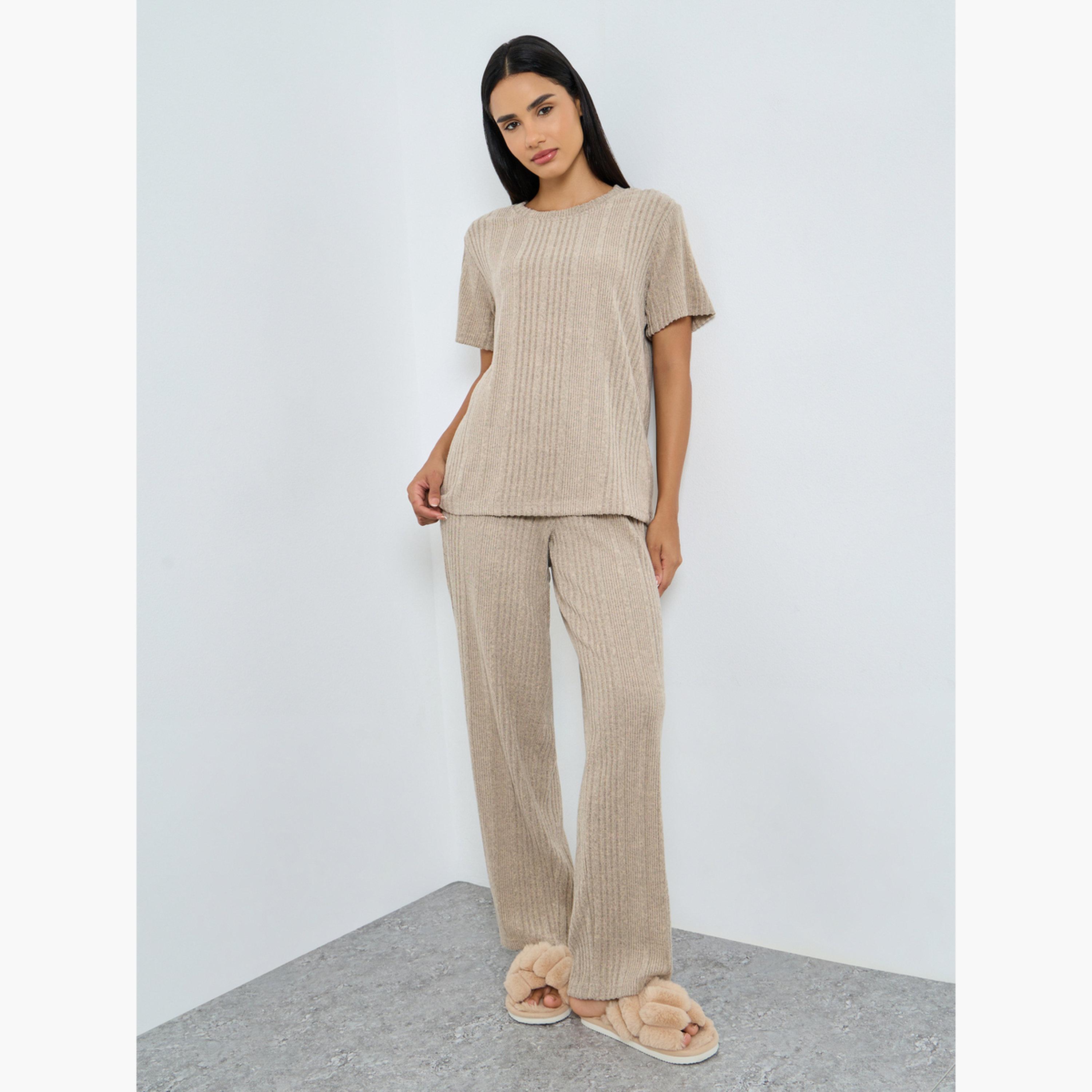Styli Women Melange Brushed Ribbed Top and Pyjama Set-women-clothing-nightwear-pyjamas-longsets-image-1