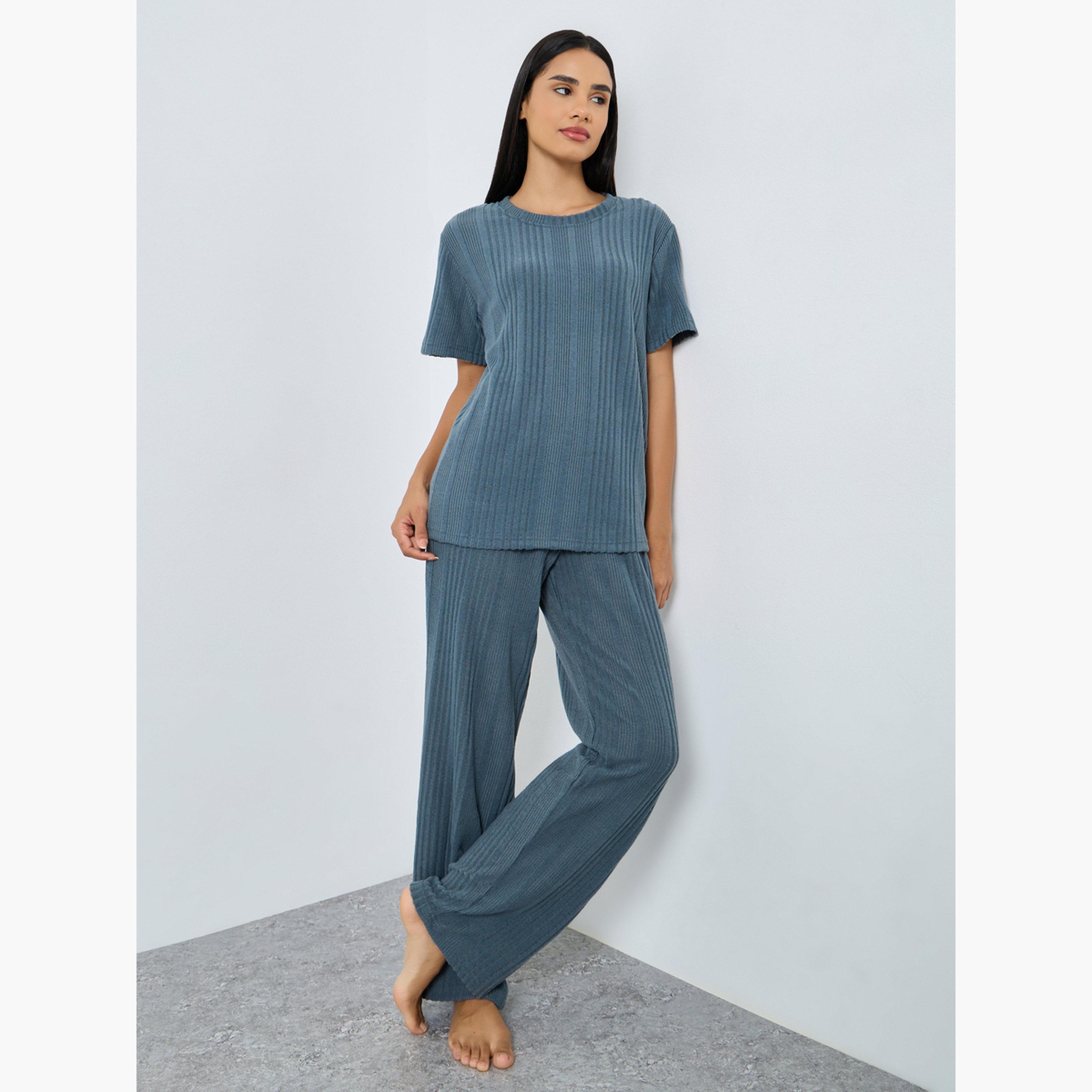 ستايلي - بيجاما قميص مضلع ممشط للنساء-women-clothing-nightwear-pyjamas-longsets-image-1