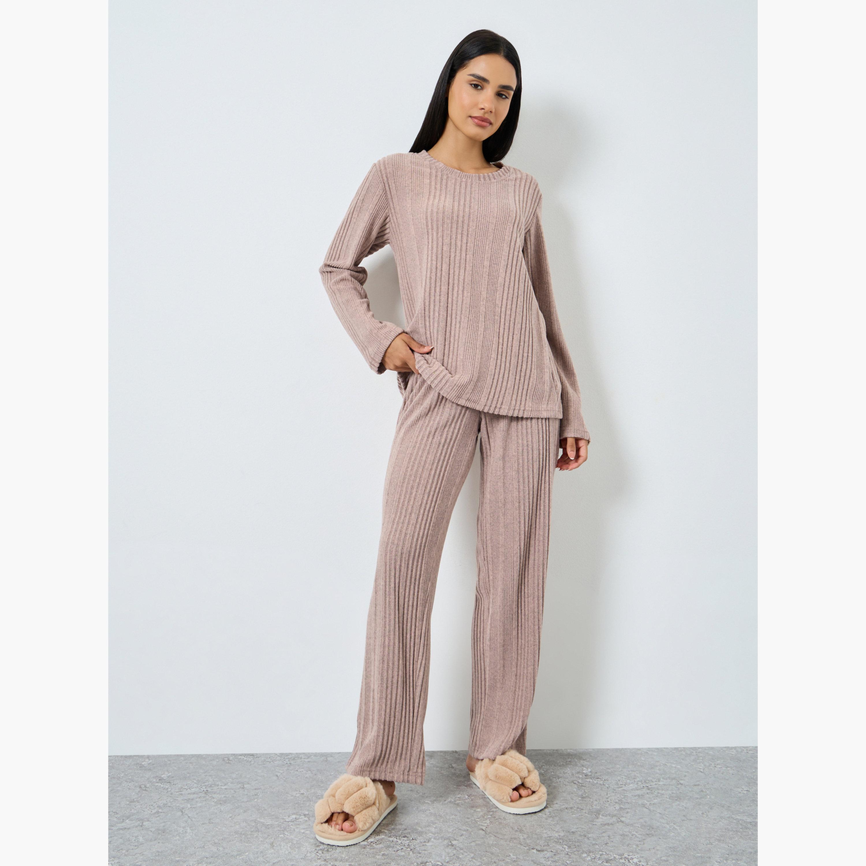 ستايلي - بيجاما قميص مضلع ممشط لون مزيج للنساء-women-clothing-nightwear-pyjamas-longsets-image-1