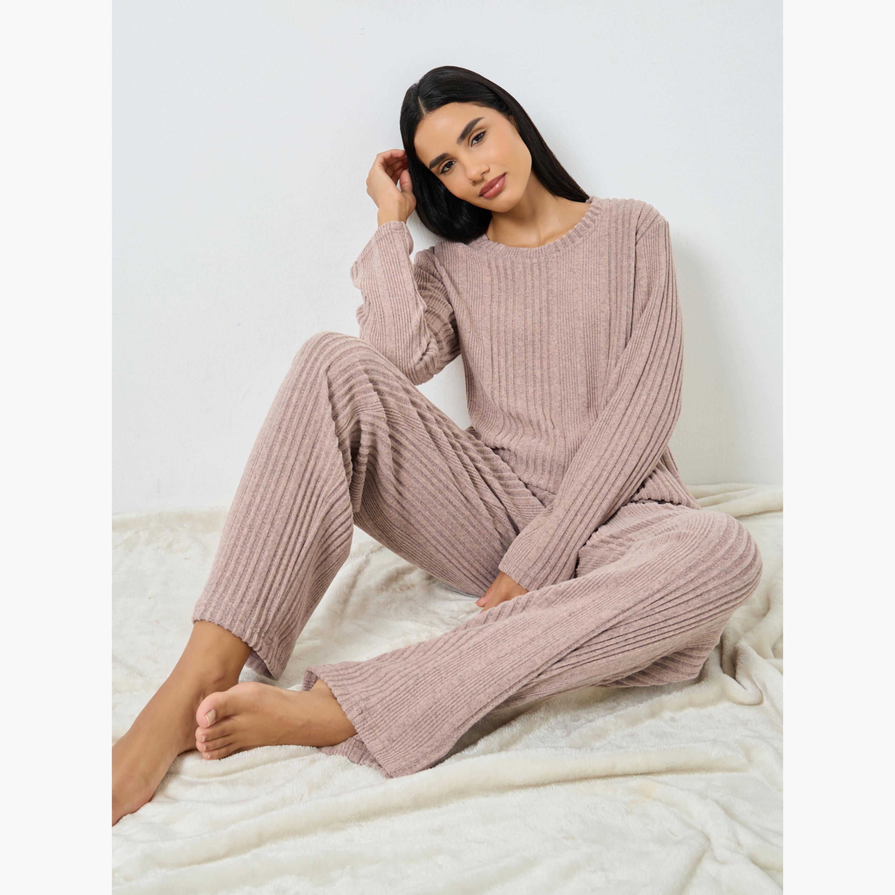 ستايلي - بيجاما قميص مضلع ممشط لون مزيج للنساء-women-clothing-nightwear-pyjamas-longsets-image-2