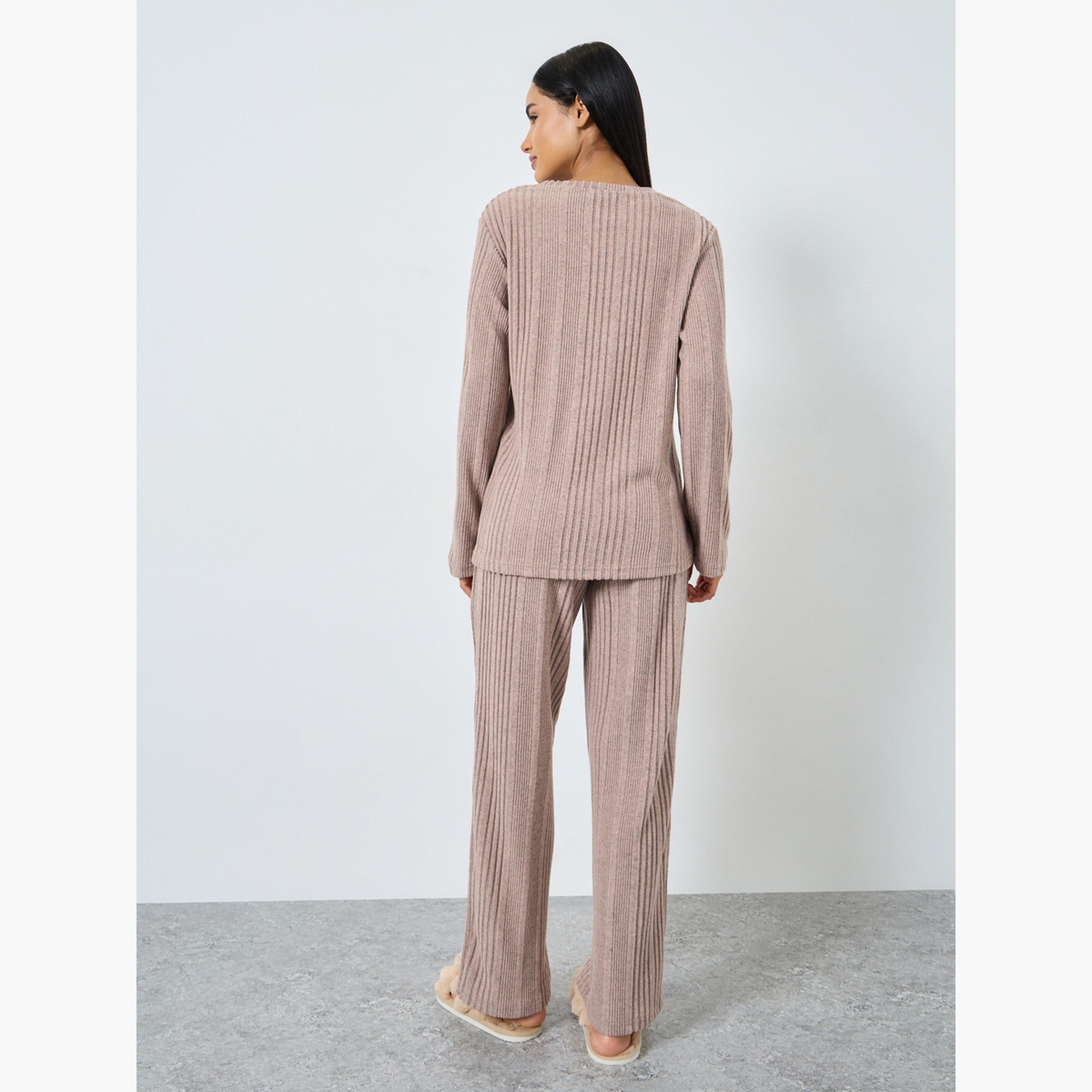 ستايلي - بيجاما قميص مضلع ممشط لون مزيج للنساء-women-clothing-nightwear-pyjamas-longsets-image-4