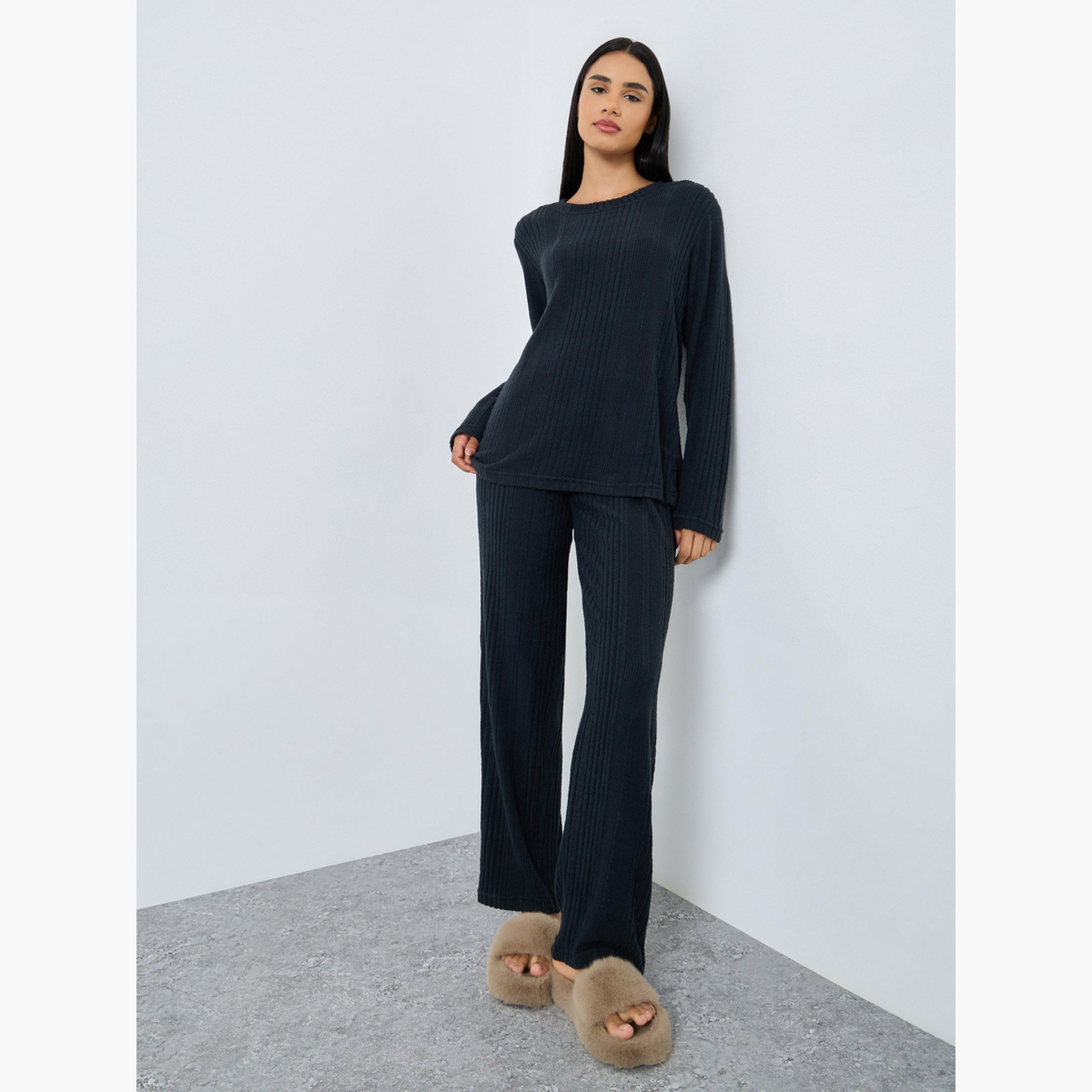 Styli Women Melange Brushed Rib Top and Pyjama Set-women-clothing-nightwear-pyjamas-longsets-image-1