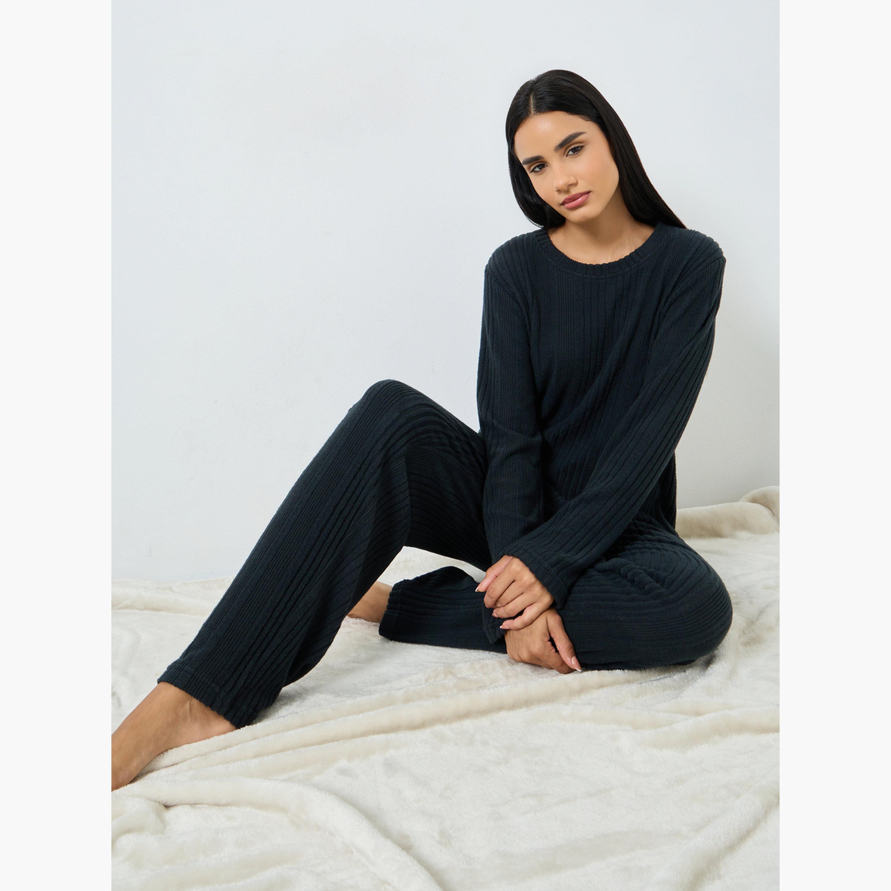 Styli Women Melange Brushed Rib Top and Pyjama Set-women-clothing-nightwear-pyjamas-longsets-image-2