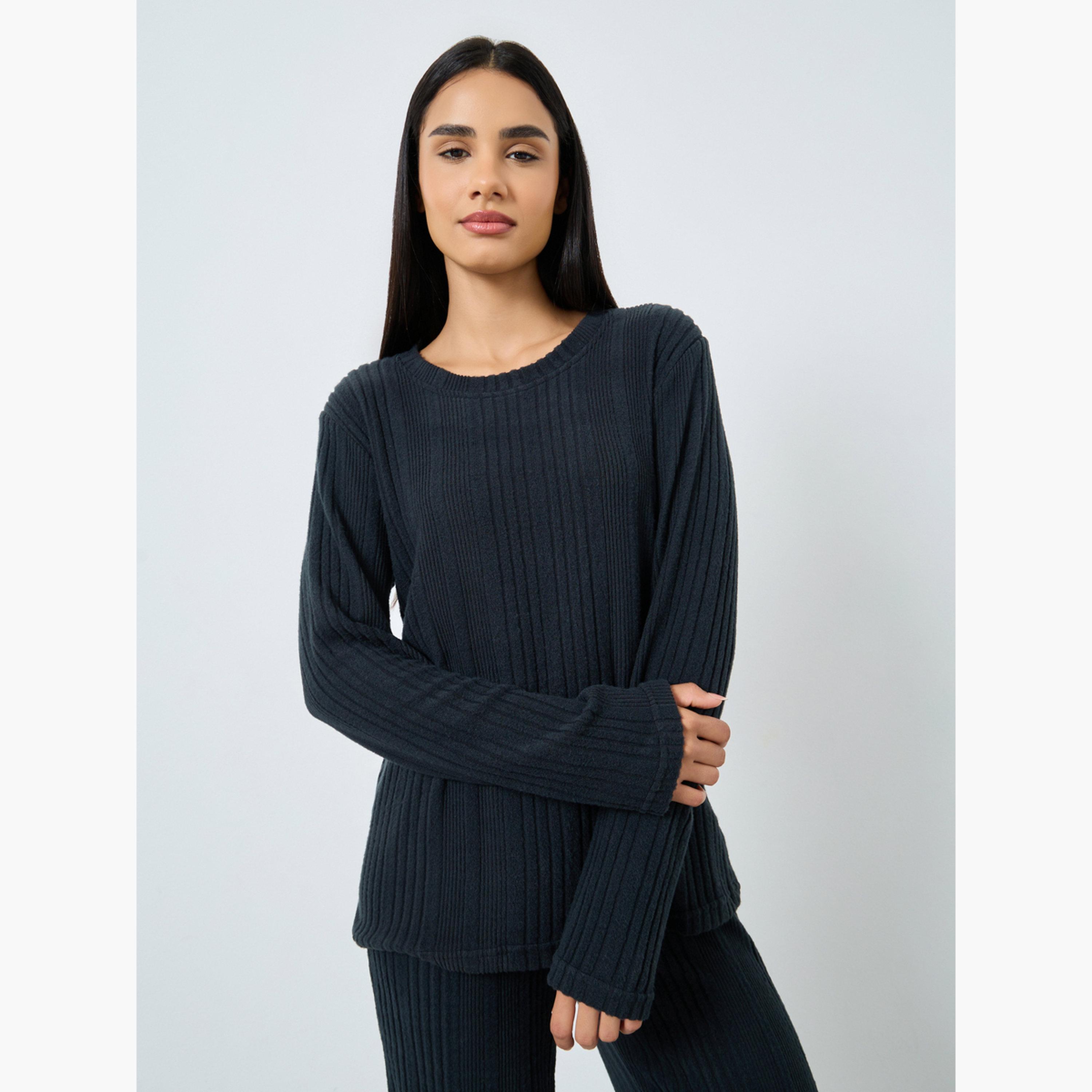 Styli Women Melange Brushed Rib Top and Pyjama Set-women-clothing-nightwear-pyjamas-longsets-image-3