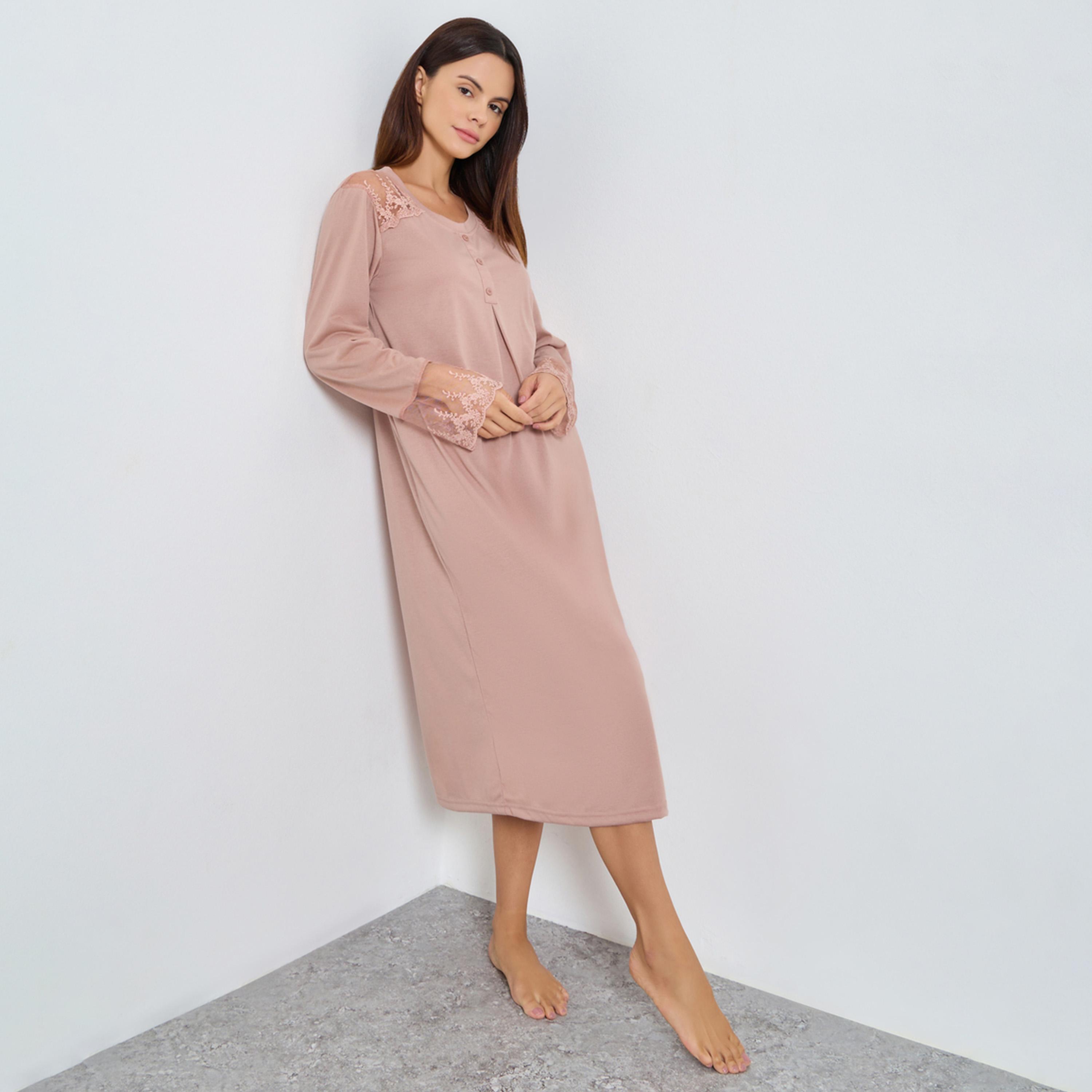 Styli Placket and Lace Trim Insert Nightdress-women-clothing-nightwear-nighties-image-1