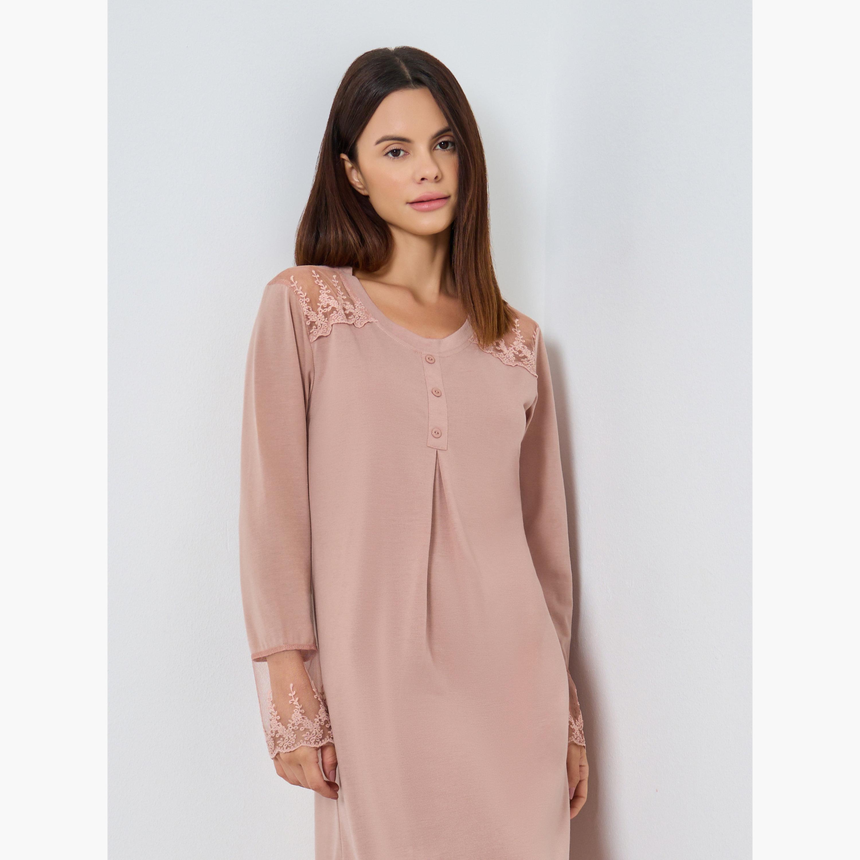 Styli Placket and Lace Trim Insert Nightdress-women-clothing-nightwear-nighties-image-2