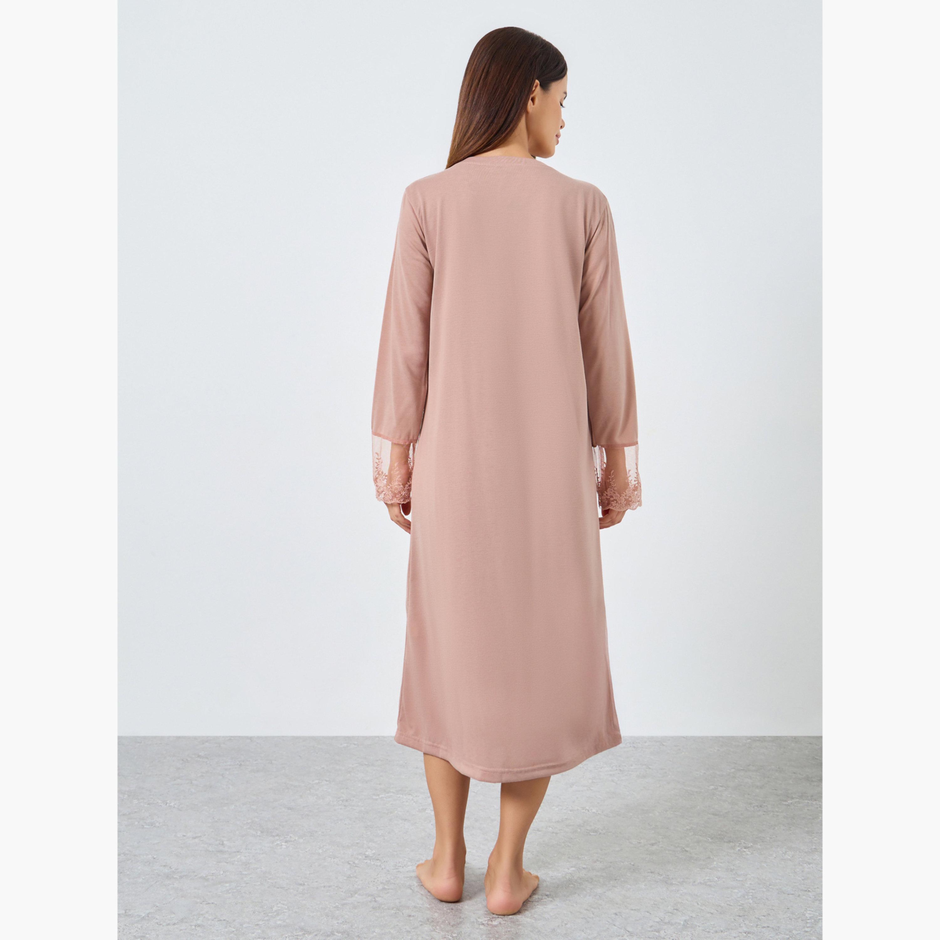 Styli Placket and Lace Trim Insert Nightdress-women-clothing-nightwear-nighties-image-3