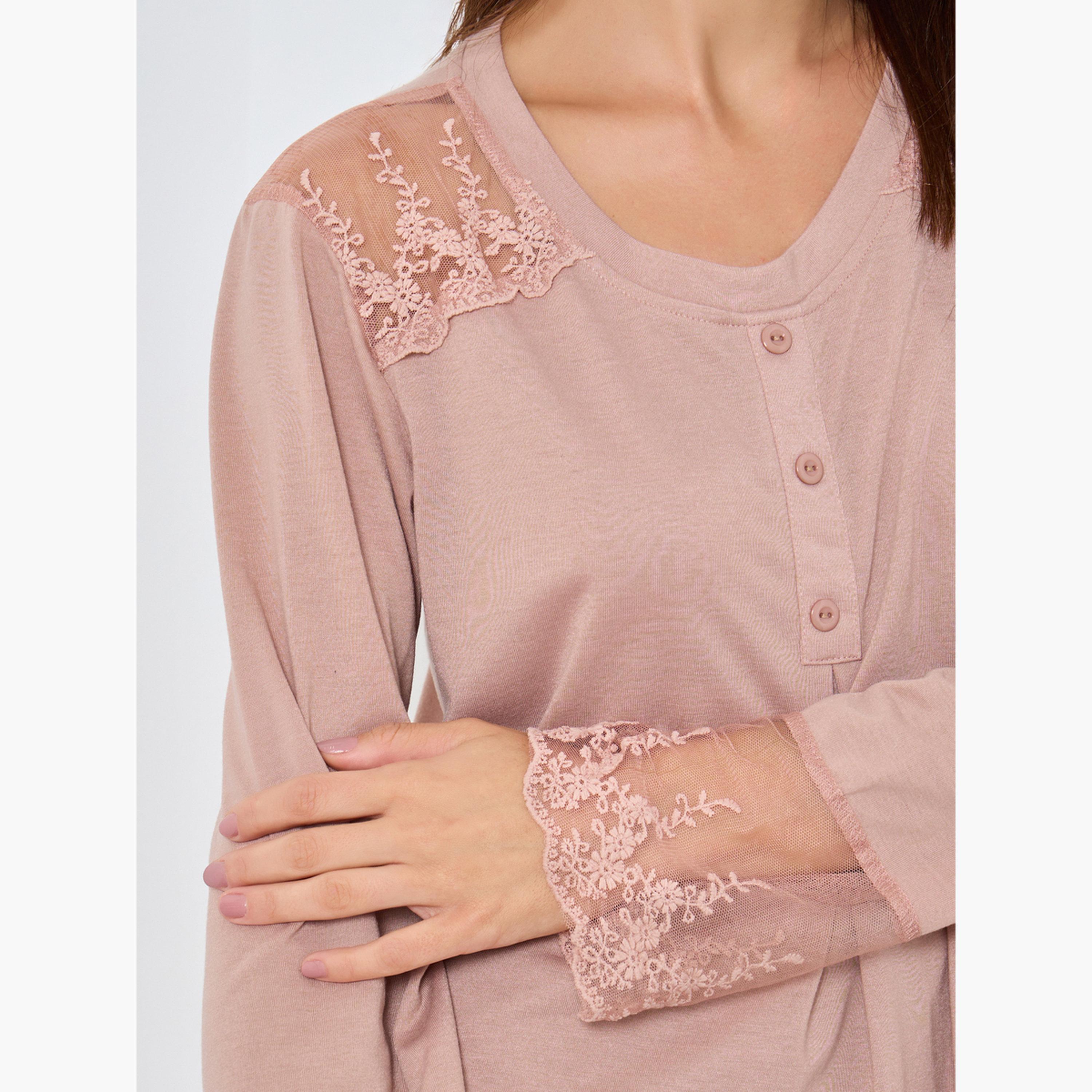 Styli Placket and Lace Trim Insert Nightdress-women-clothing-nightwear-nighties-image-4