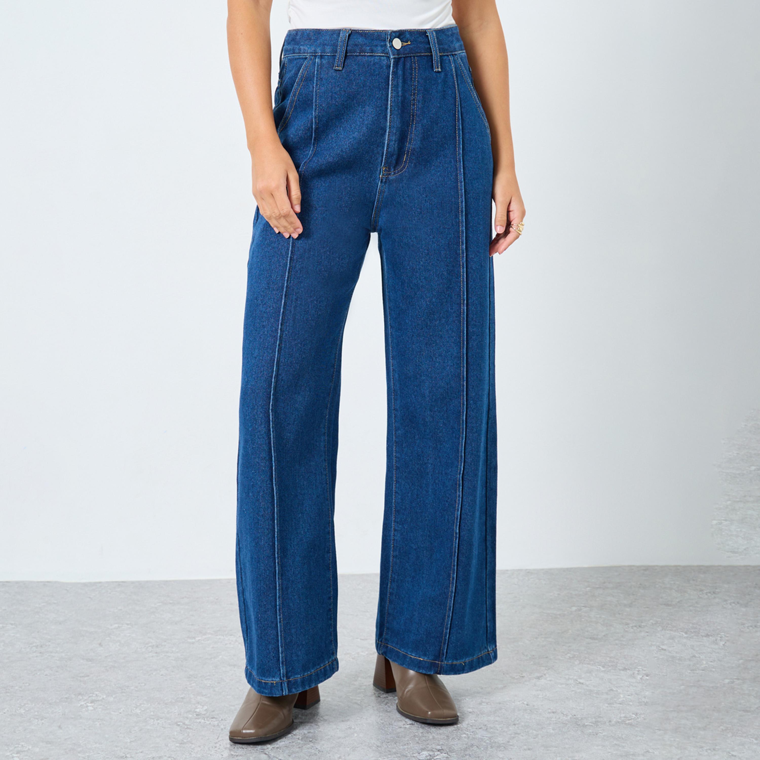 ستايلي - بنطال جينز واسع الساق بخصر مرتفع وتفاصيل درز-women-clothing-bottoms-jeans-image-1