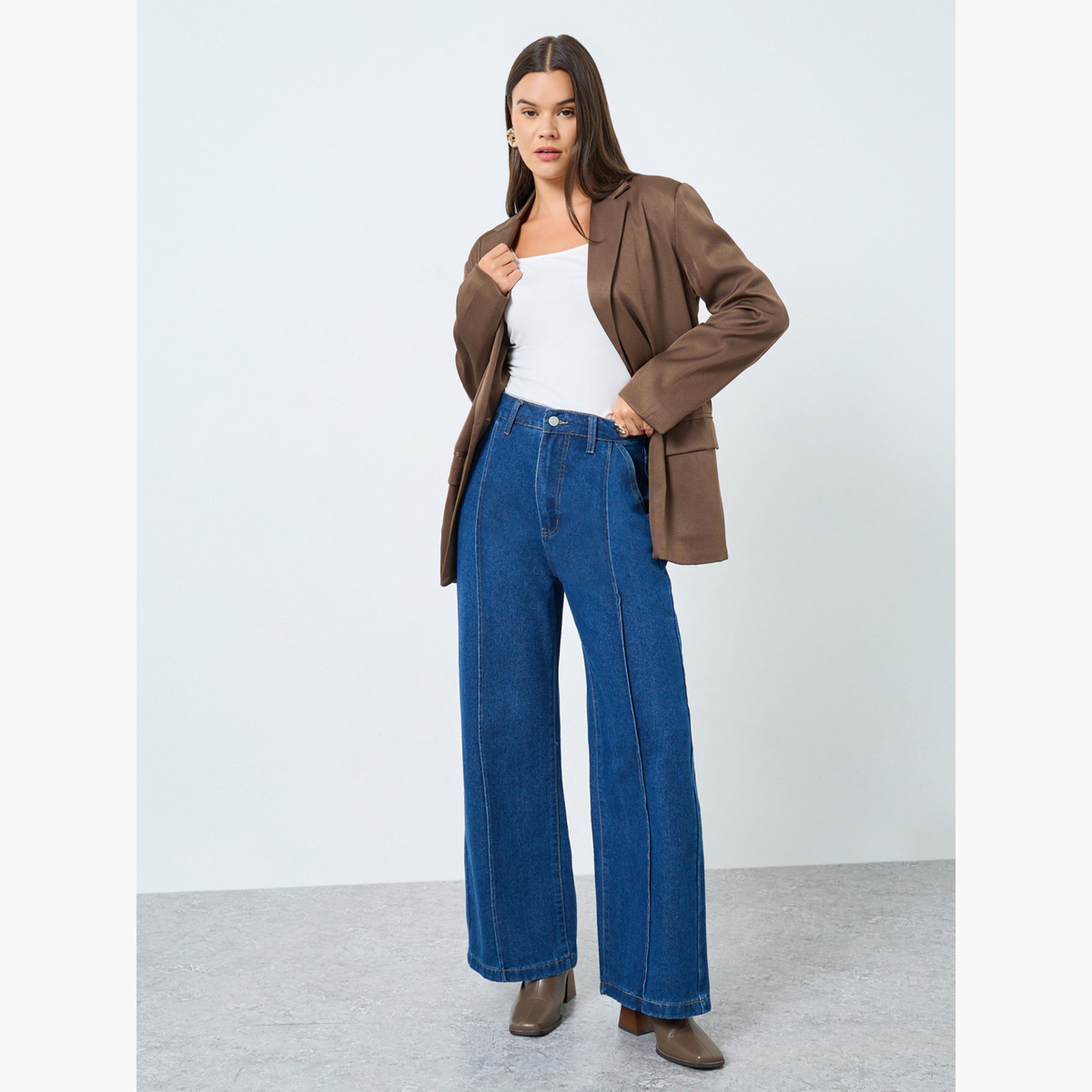 ستايلي - بنطال جينز واسع الساق بخصر مرتفع وتفاصيل درز-women-clothing-bottoms-jeans-image-2