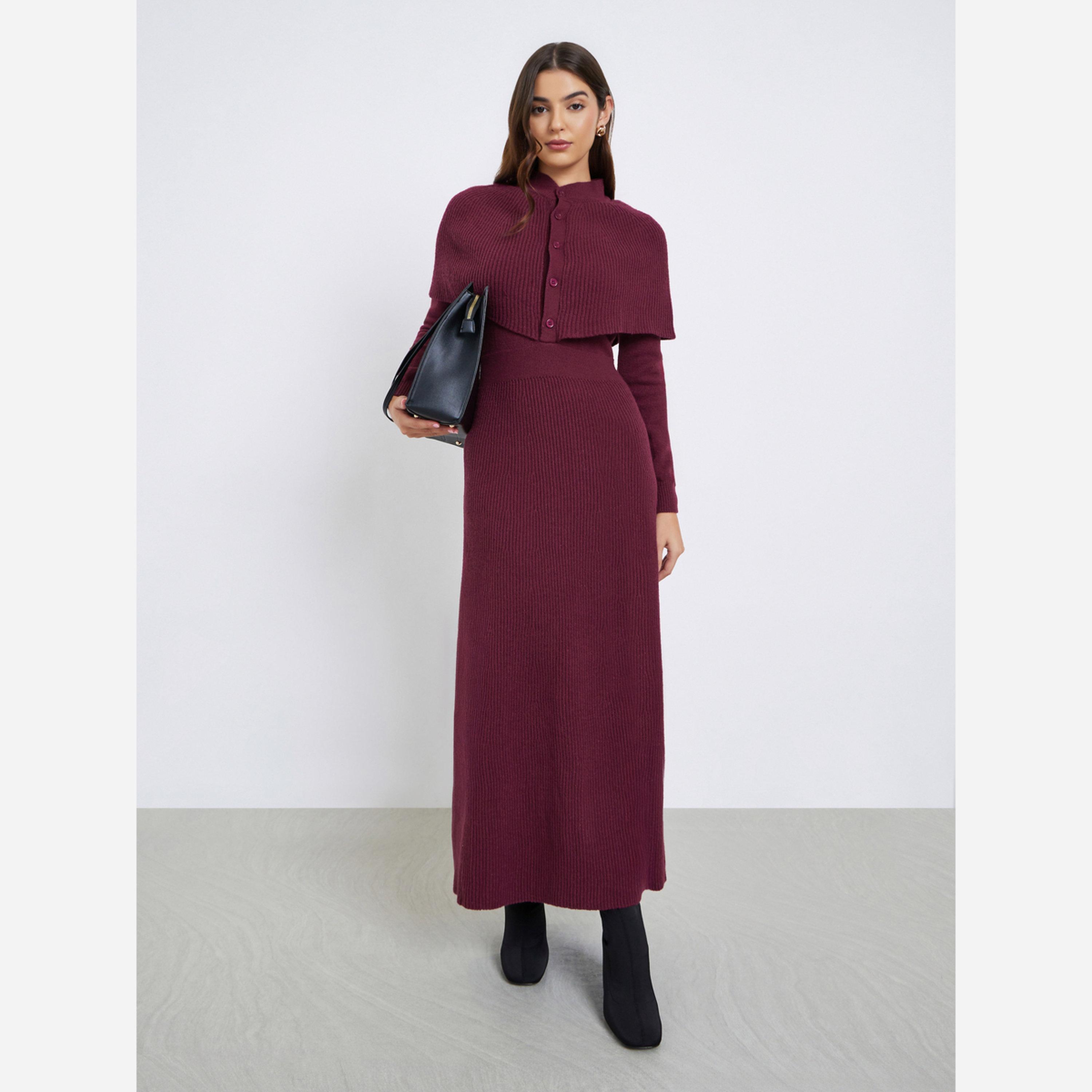 ستايلي - فستان متوسط الطول محبوك لون خمري أكمام واسعة-women-clothing-dresses-image-1