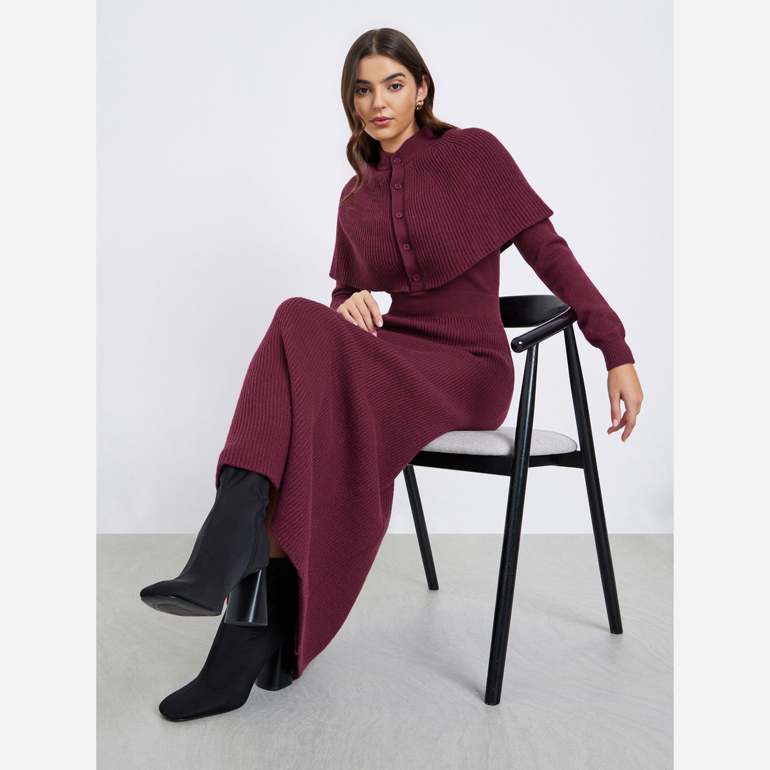 Styli Maroon Knit Sweater Maxi Dress with Cape Sleeve-women-clothing-dresses-image-2