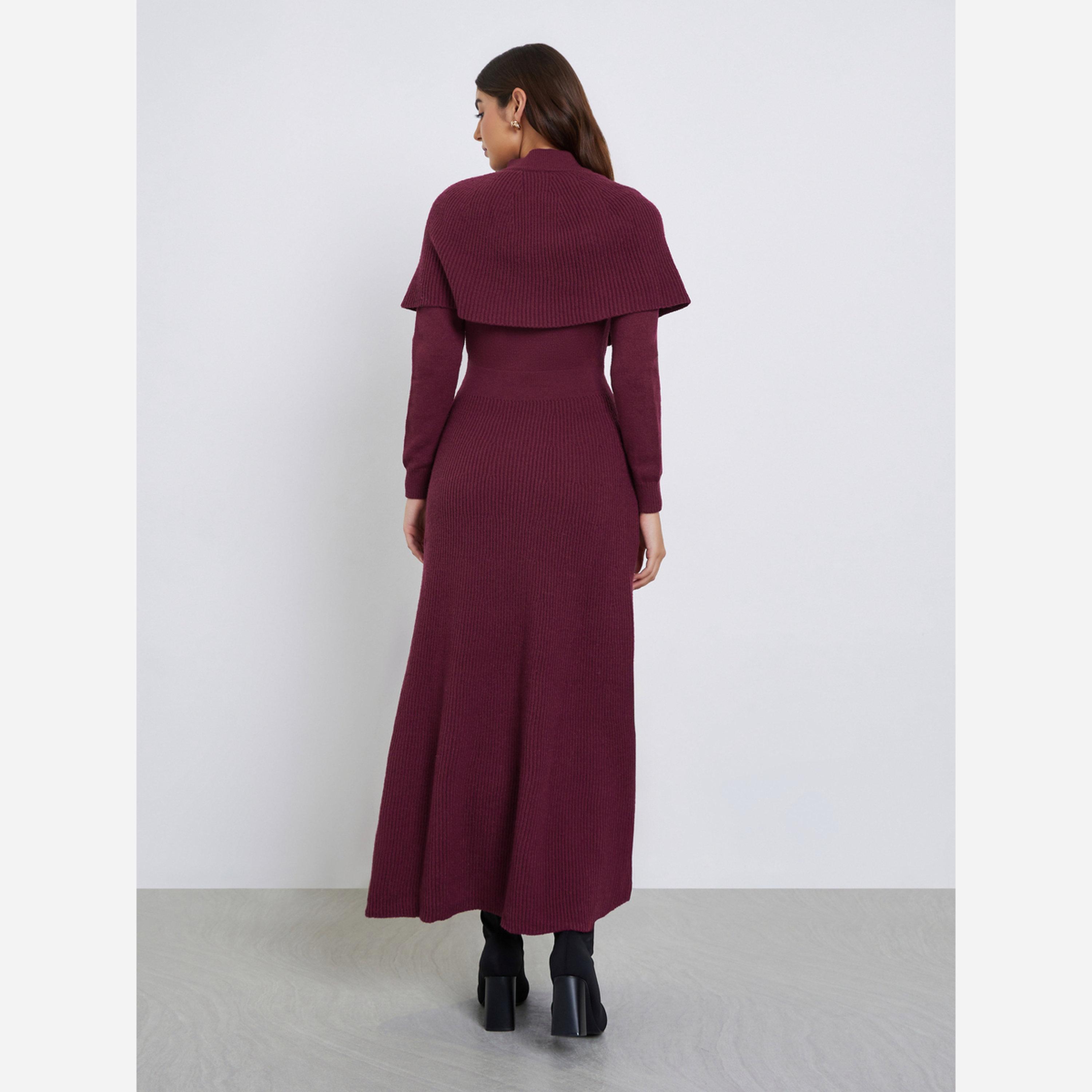 Styli Maroon Knit Sweater Maxi Dress with Cape Sleeve-women-clothing-dresses-image-3