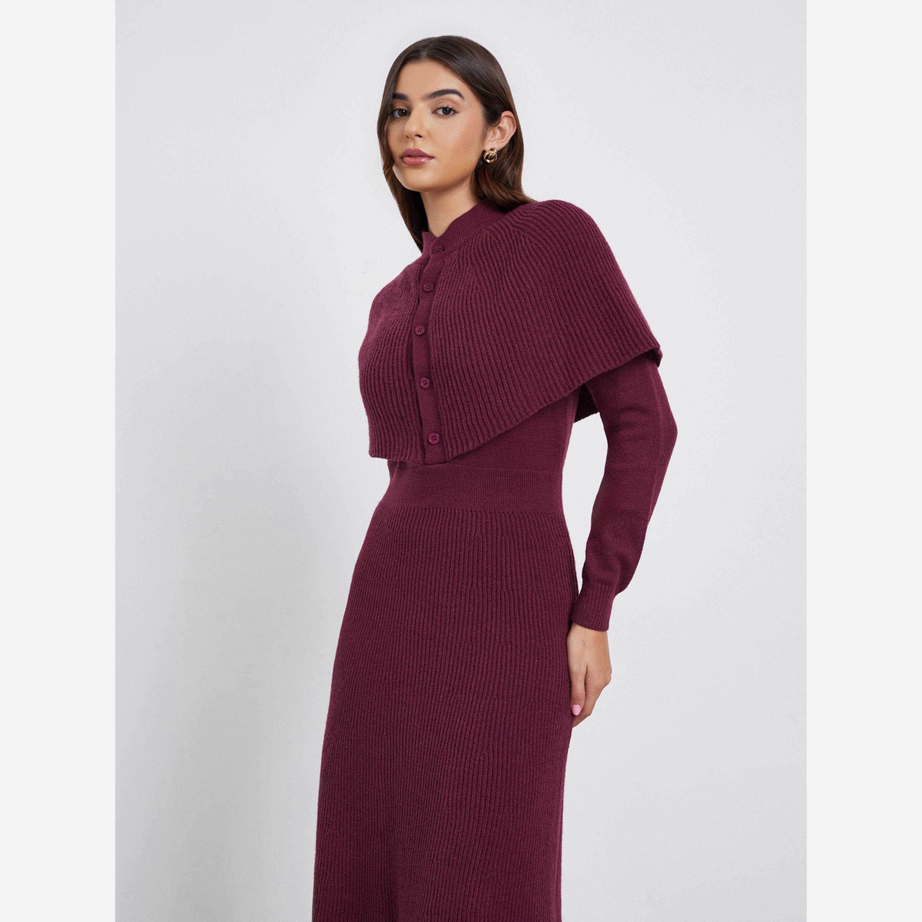 ستايلي - فستان متوسط الطول محبوك لون خمري أكمام واسعة-women-clothing-dresses-image-4