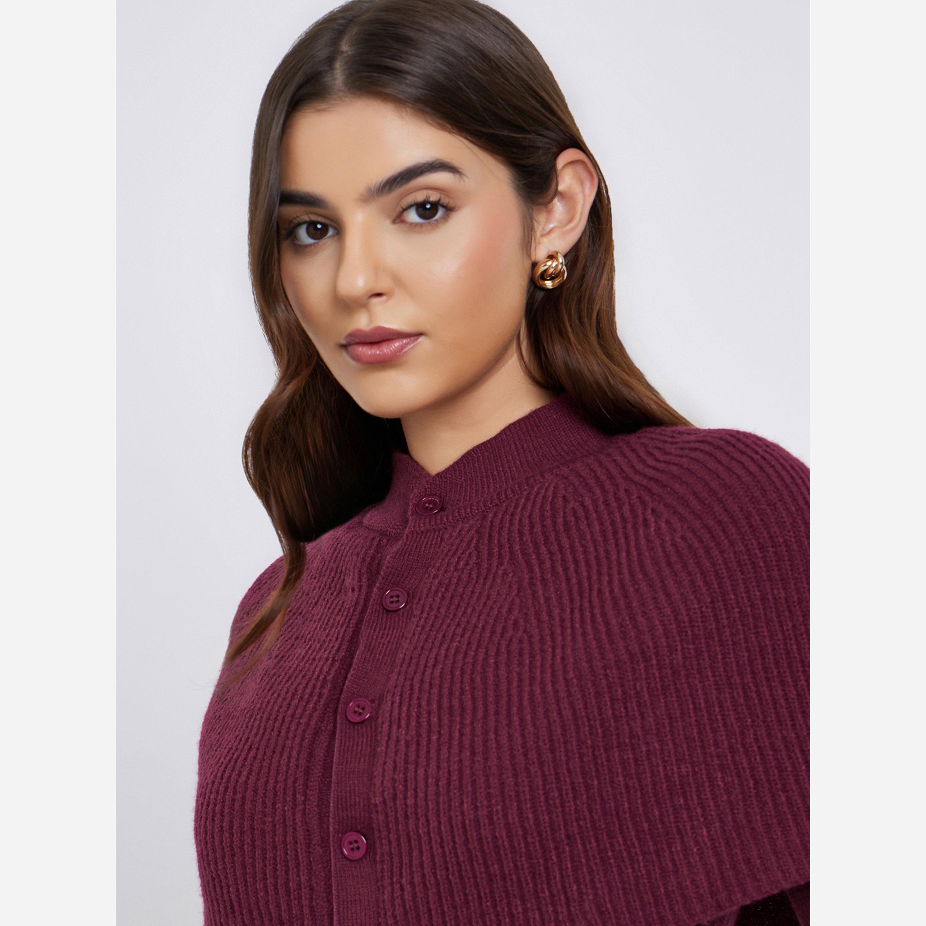 ستايلي - فستان متوسط الطول محبوك لون خمري أكمام واسعة-women-clothing-dresses-image-5