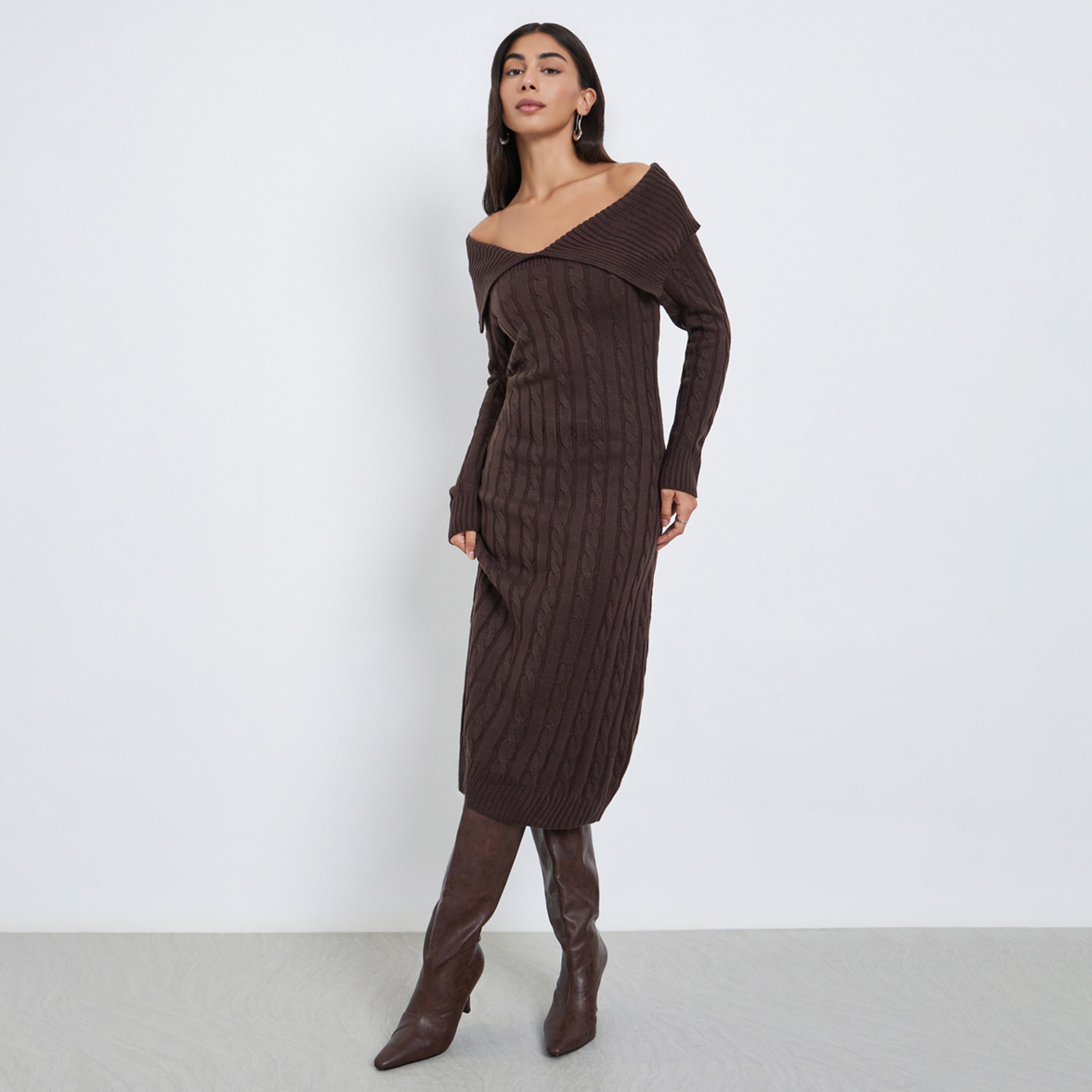 Styli Brown Cable Knit Sweater Midi Dress-women-clothing-dresses-image-1