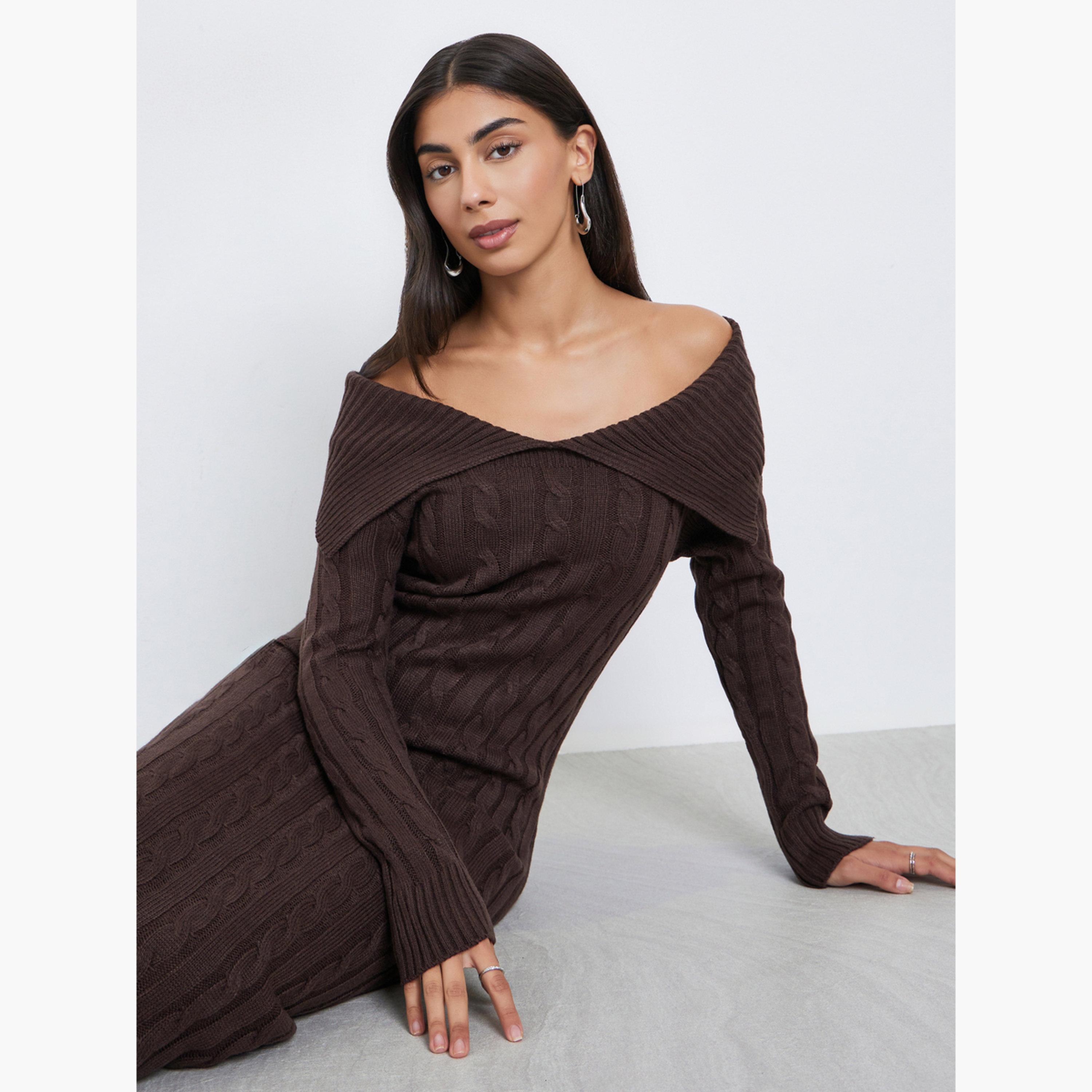 ستايلي - فستان متوسط ​​الطول من الصوف المحبوك لون بني-women-clothing-dresses-image-2