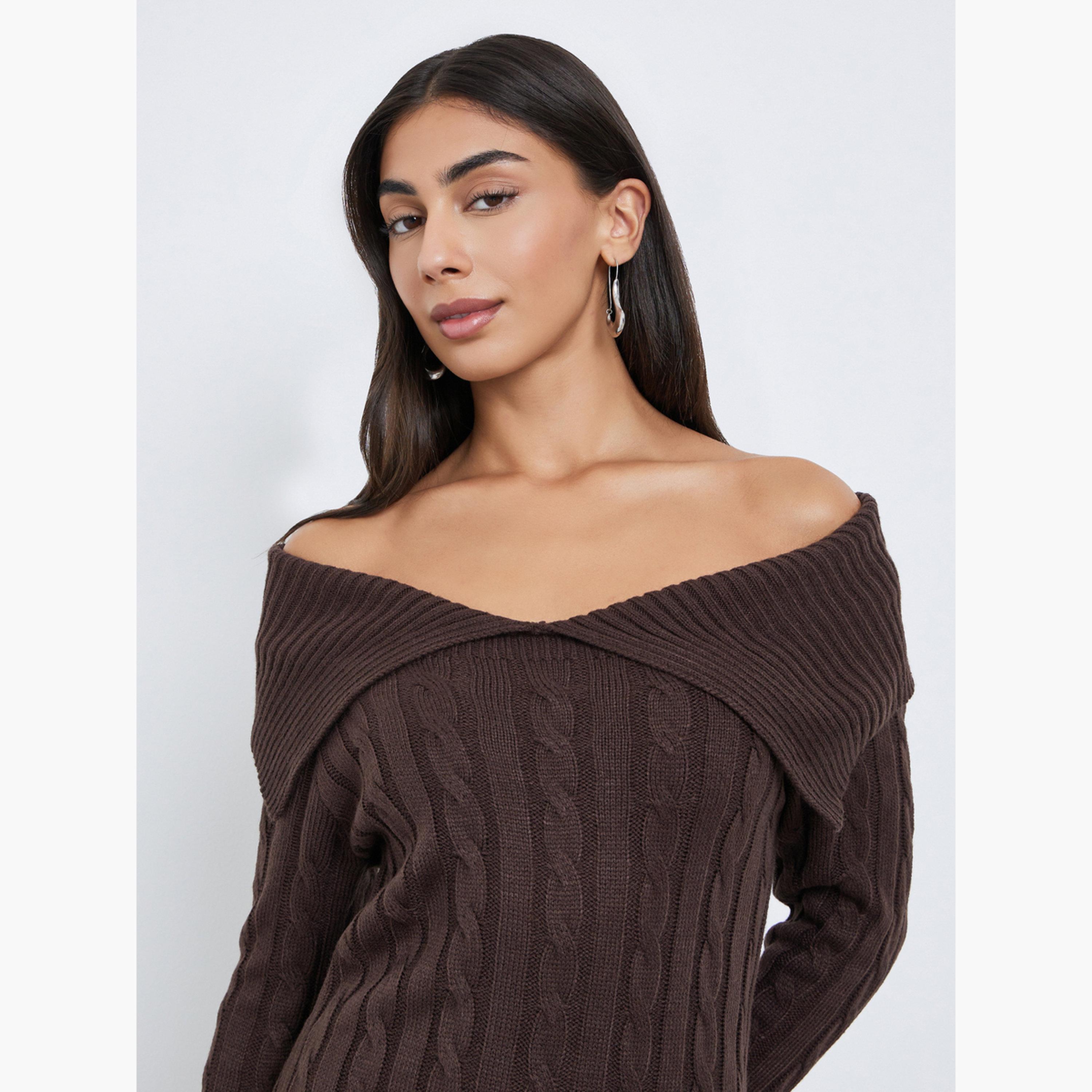 Styli Brown Cable Knit Sweater Midi Dress-women-clothing-dresses-image-3