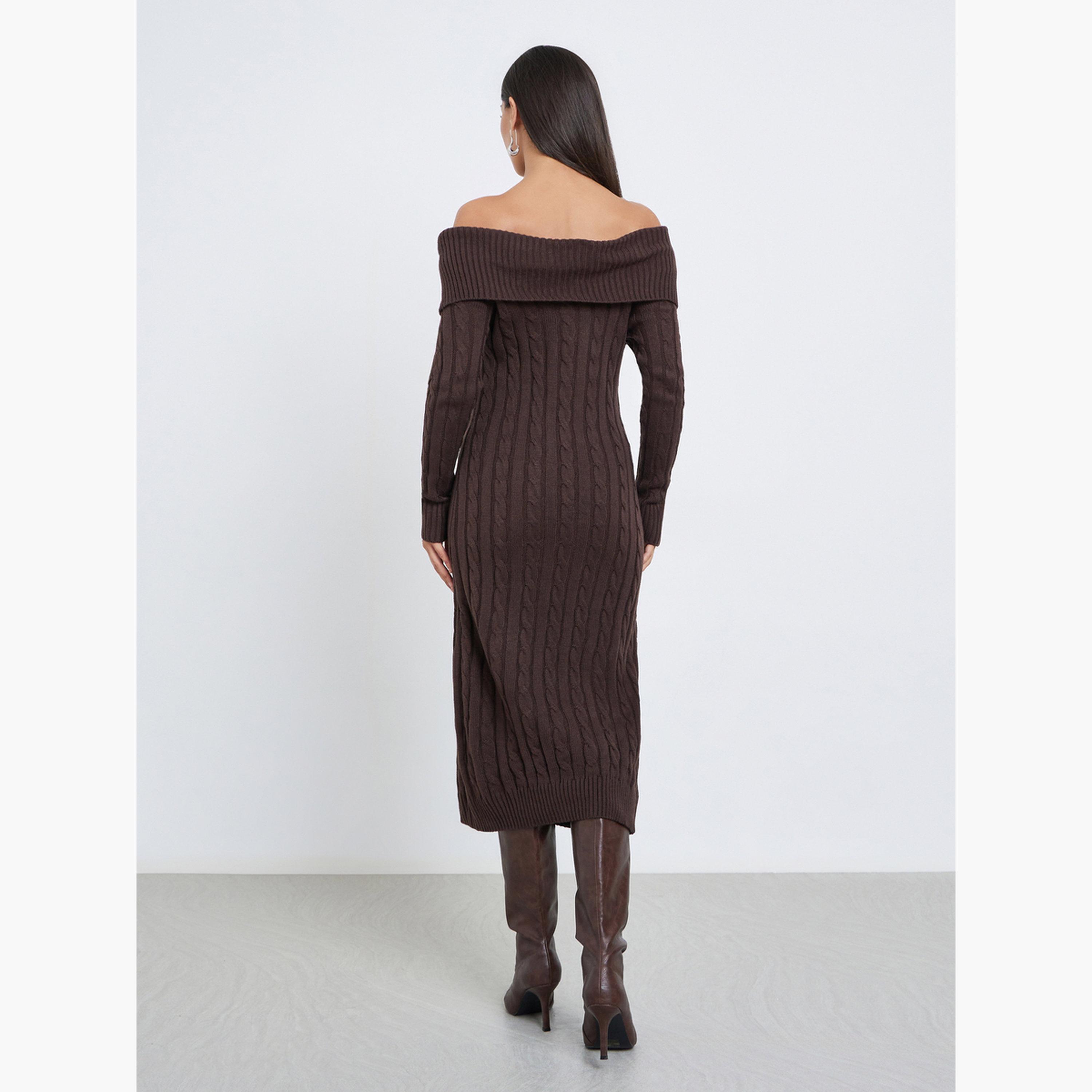Styli Brown Cable Knit Sweater Midi Dress-women-clothing-dresses-image-4