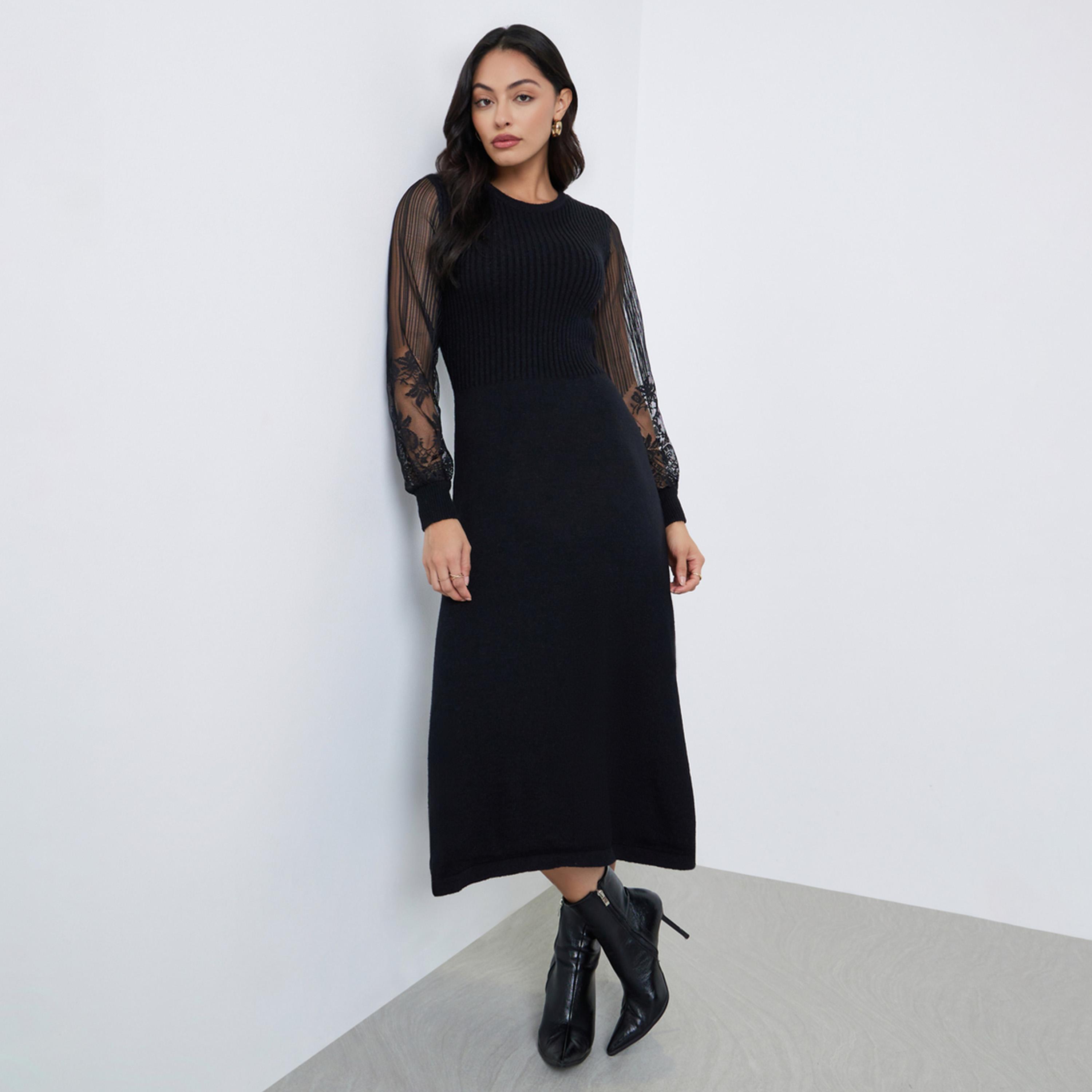 ستايلي - فستان متوسط ​​الطول بأكمام من الدانتيل الأسود-women-clothing-dresses-image-1