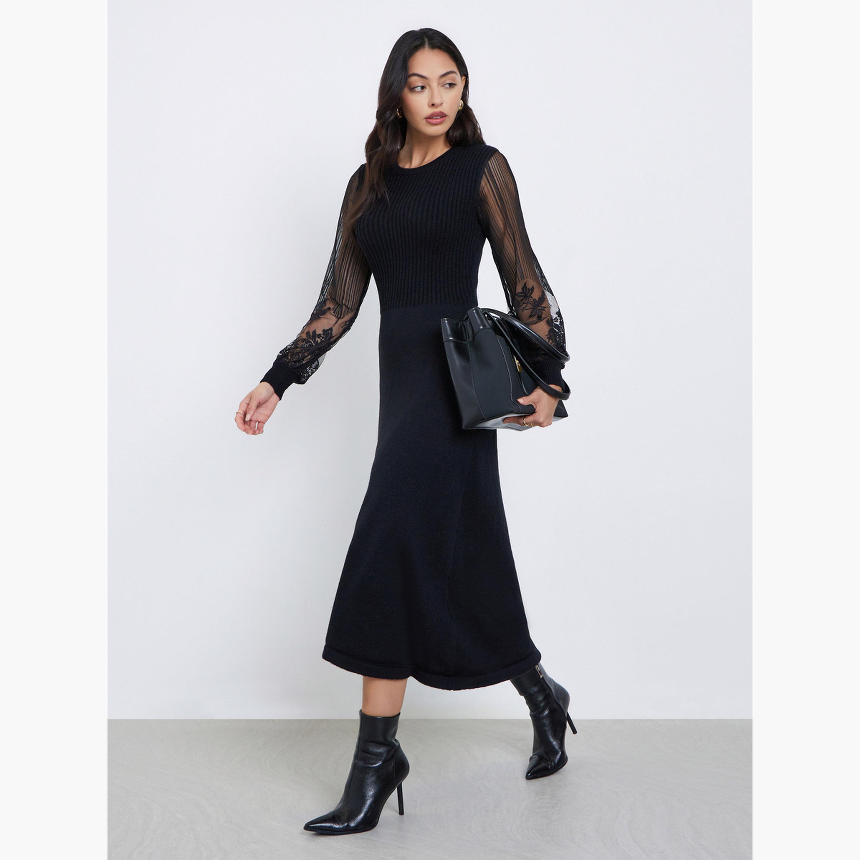 ستايلي - فستان متوسط ​​الطول بأكمام من الدانتيل الأسود-women-clothing-dresses-image-2