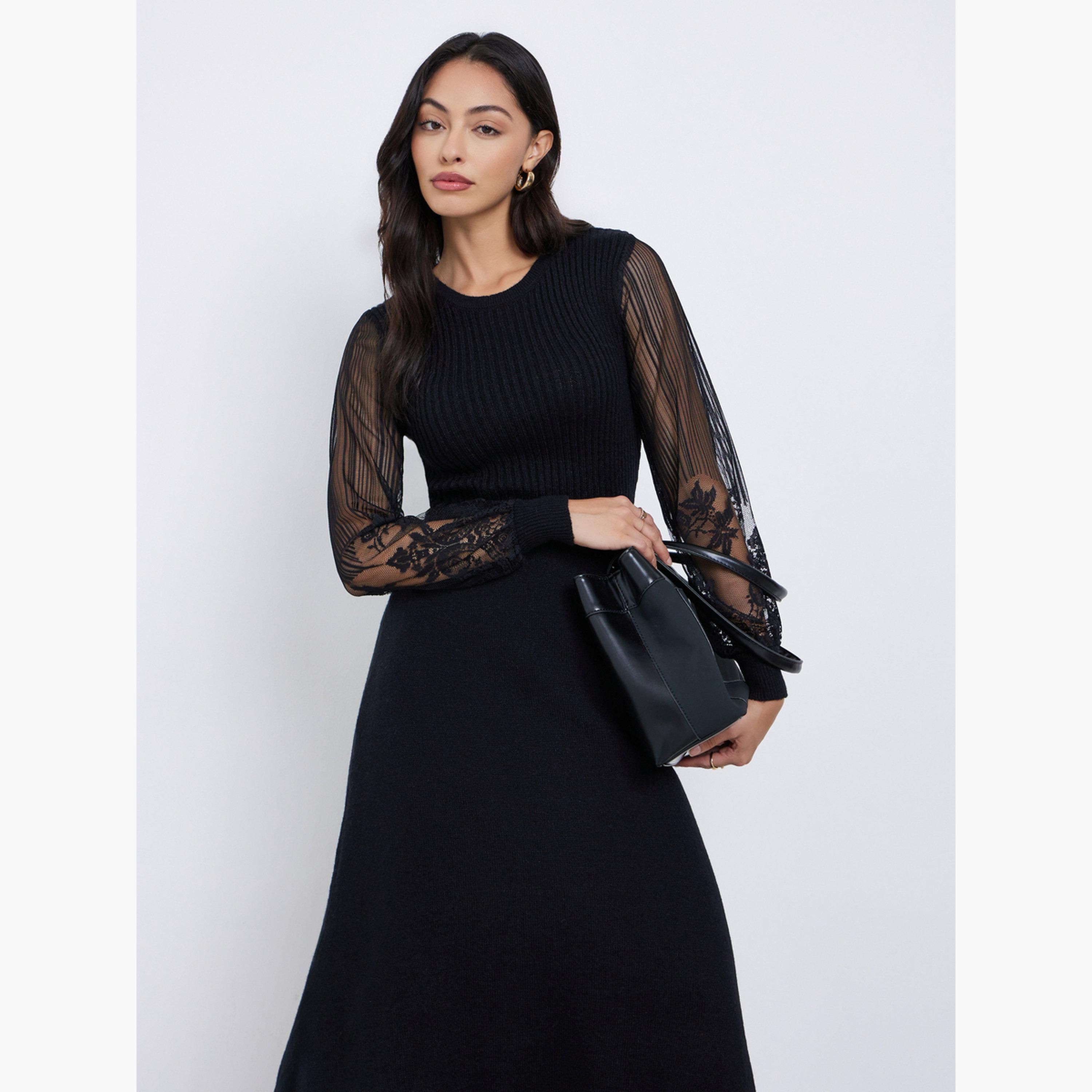 ستايلي - فستان متوسط ​​الطول بأكمام من الدانتيل الأسود-women-clothing-dresses-image-3