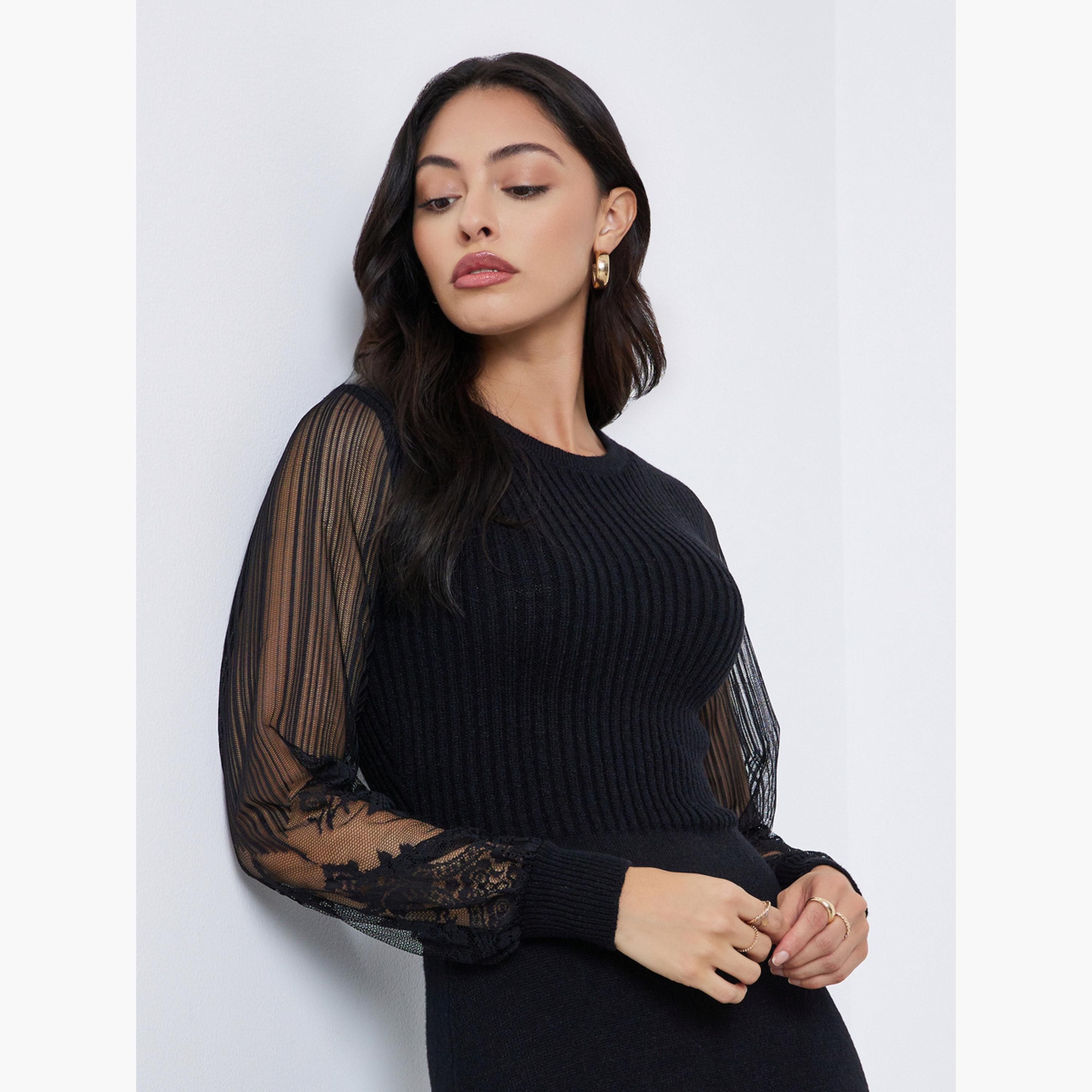 ستايلي - فستان متوسط ​​الطول بأكمام من الدانتيل الأسود-women-clothing-dresses-image-4