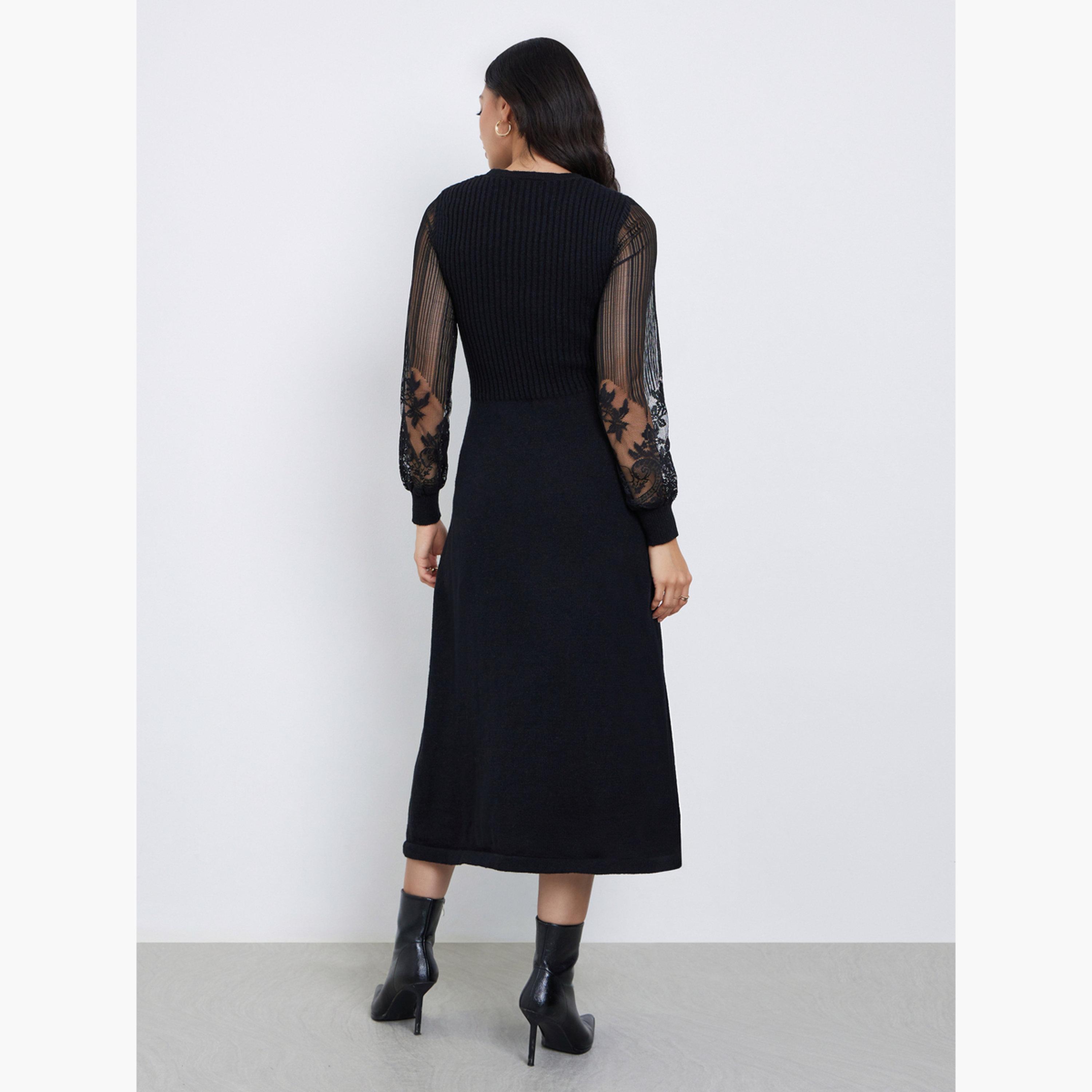 ستايلي - فستان متوسط ​​الطول بأكمام من الدانتيل الأسود-women-clothing-dresses-image-5