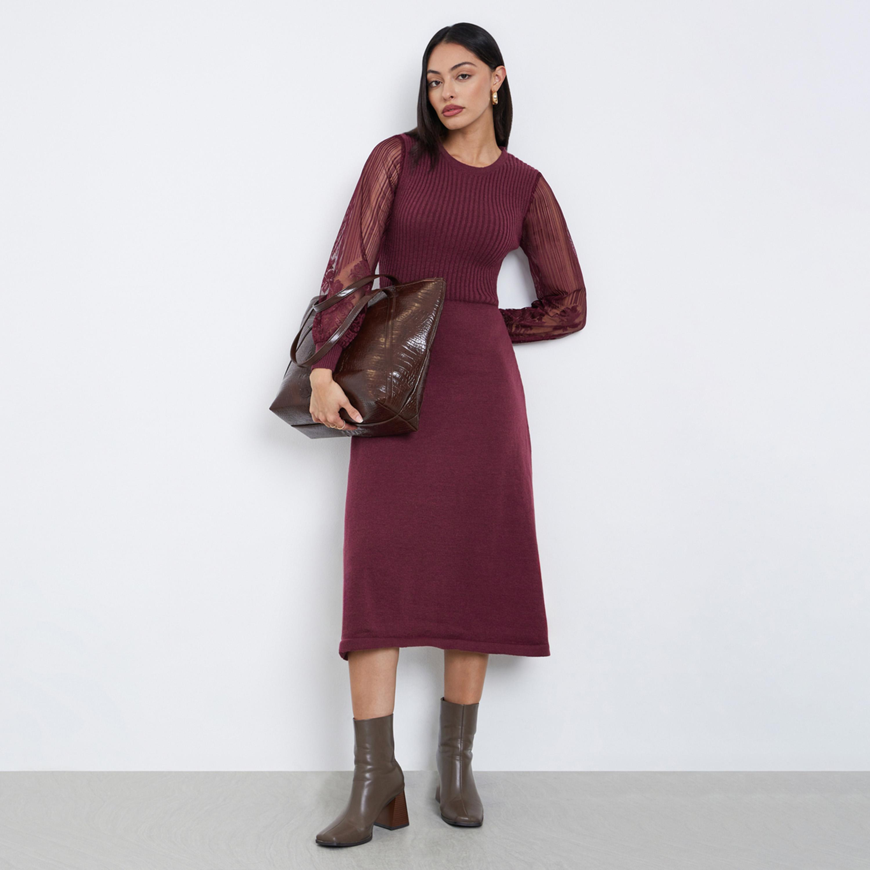 Styli Maroon Lace Sleeve Knitted Sweater Midi Dress-women-clothing-dresses-image-1