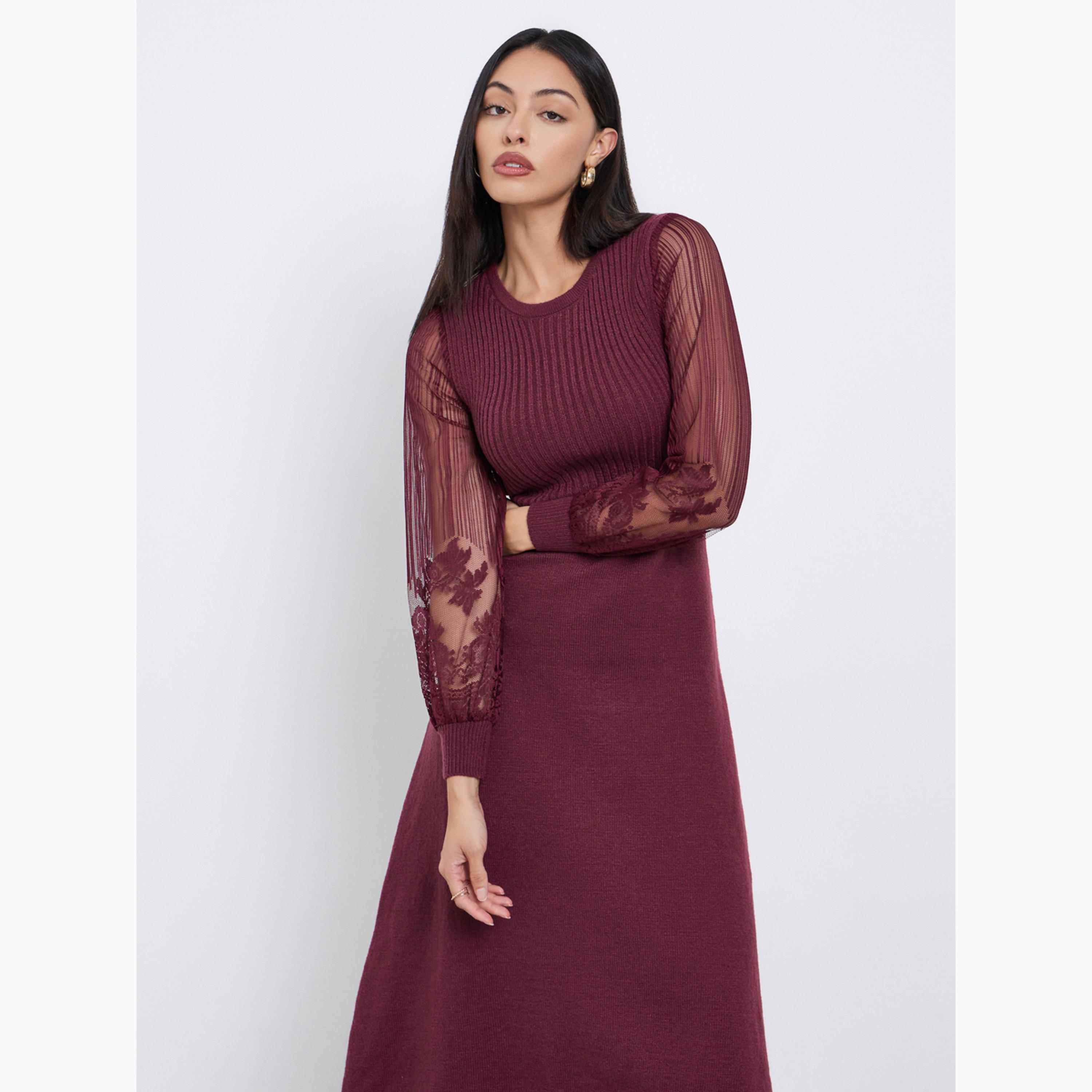 Styli Maroon Lace Sleeve Knitted Sweater Midi Dress-women-clothing-dresses-image-2