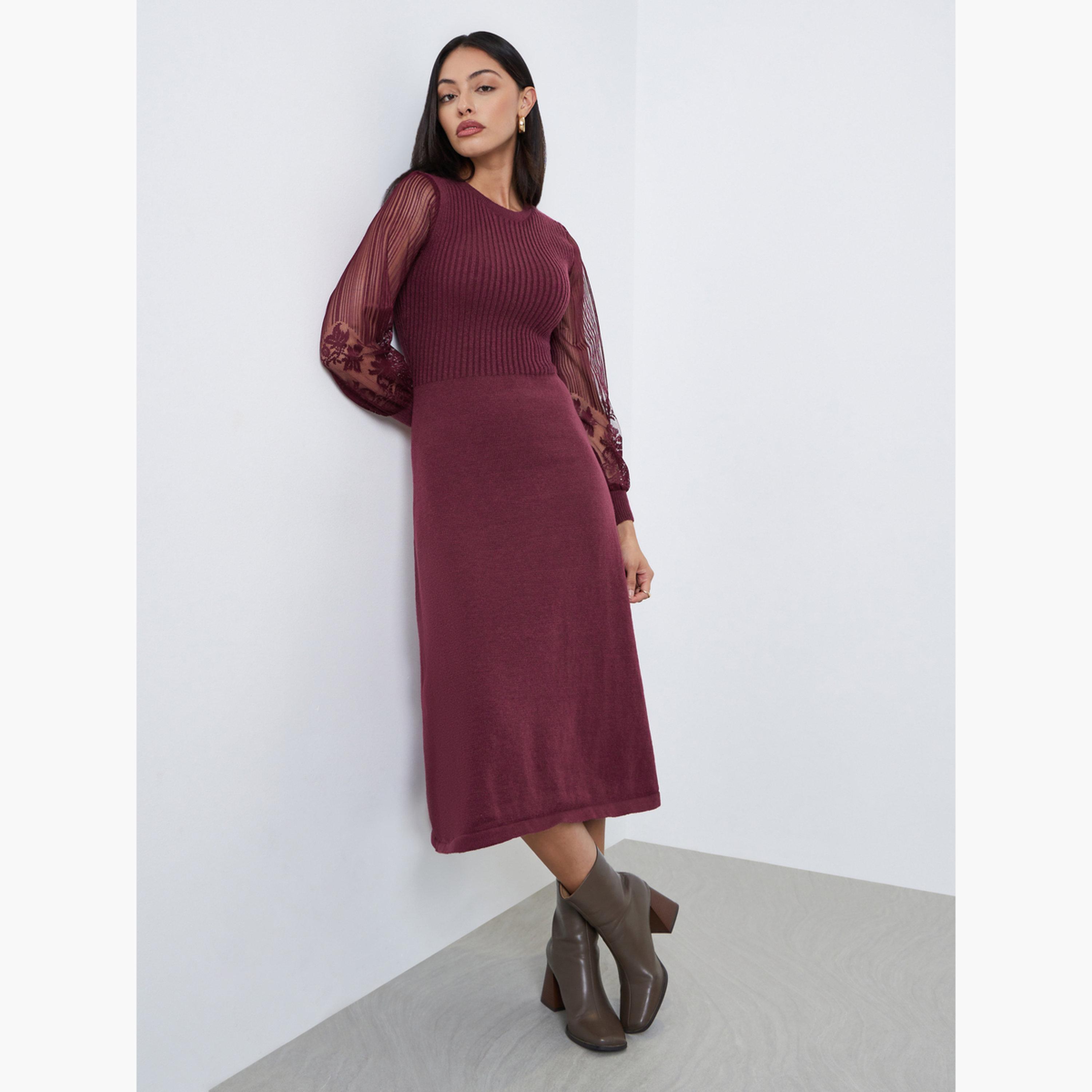 Styli Maroon Lace Sleeve Knitted Sweater Midi Dress-women-clothing-dresses-image-3