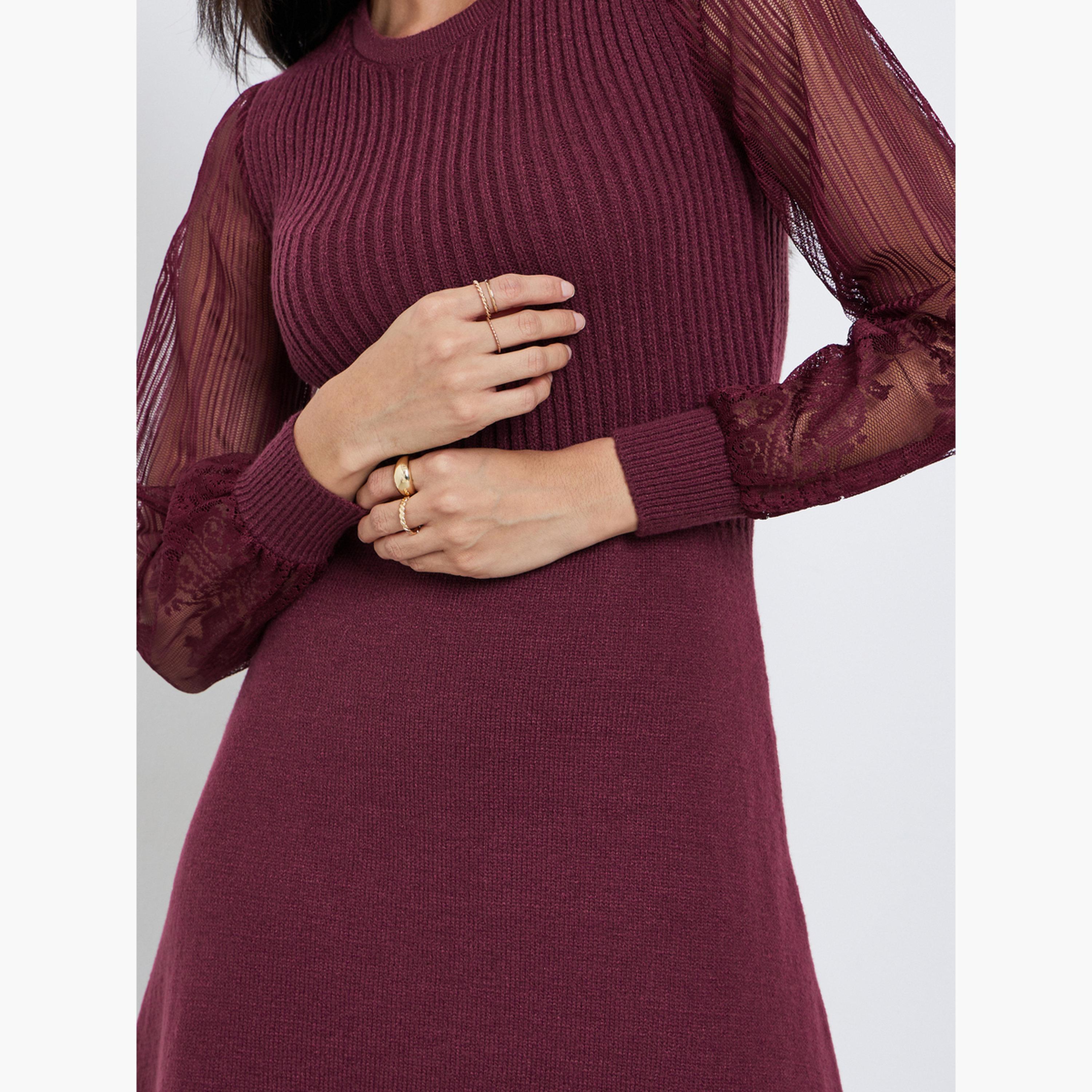 Styli Maroon Lace Sleeve Knitted Sweater Midi Dress-women-clothing-dresses-image-4