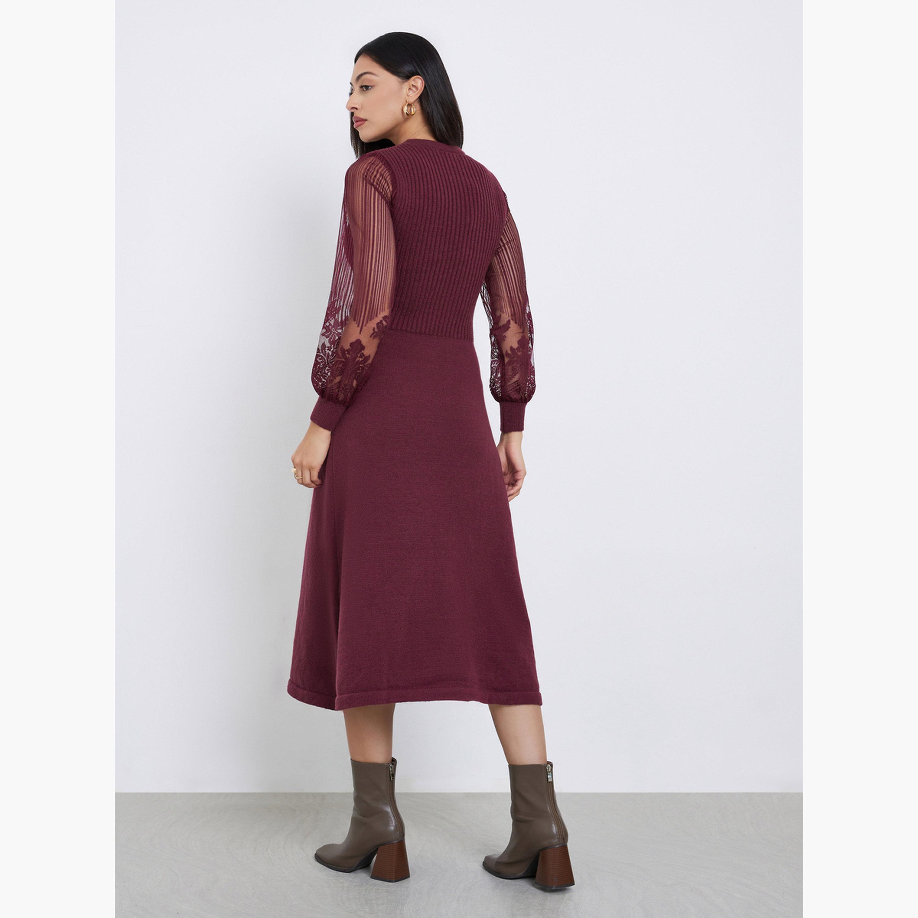 Styli Maroon Lace Sleeve Knitted Sweater Midi Dress-women-clothing-dresses-image-5