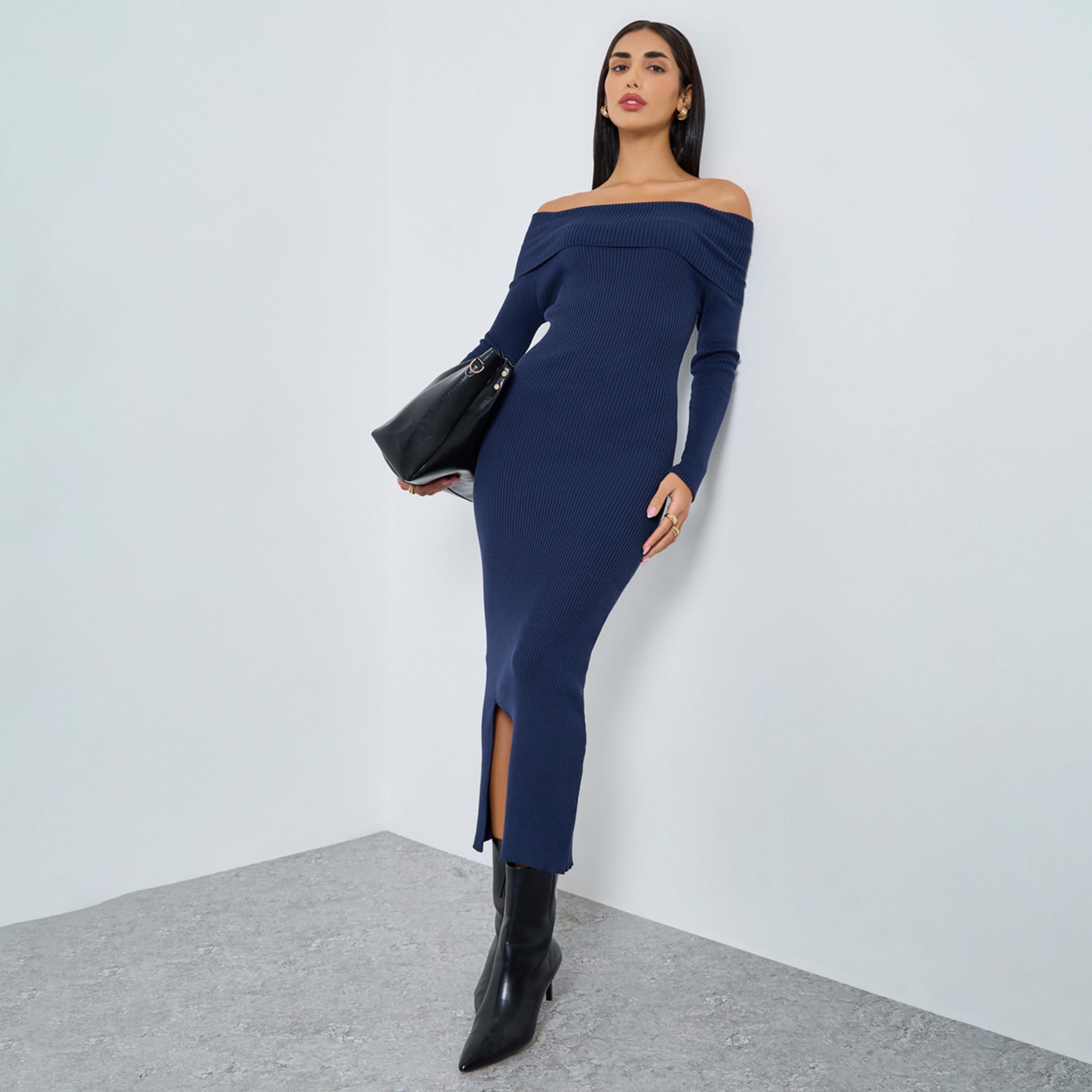 Styli Blue Bardot Neck Sweater Midi Dress-women-clothing-dresses-image-1