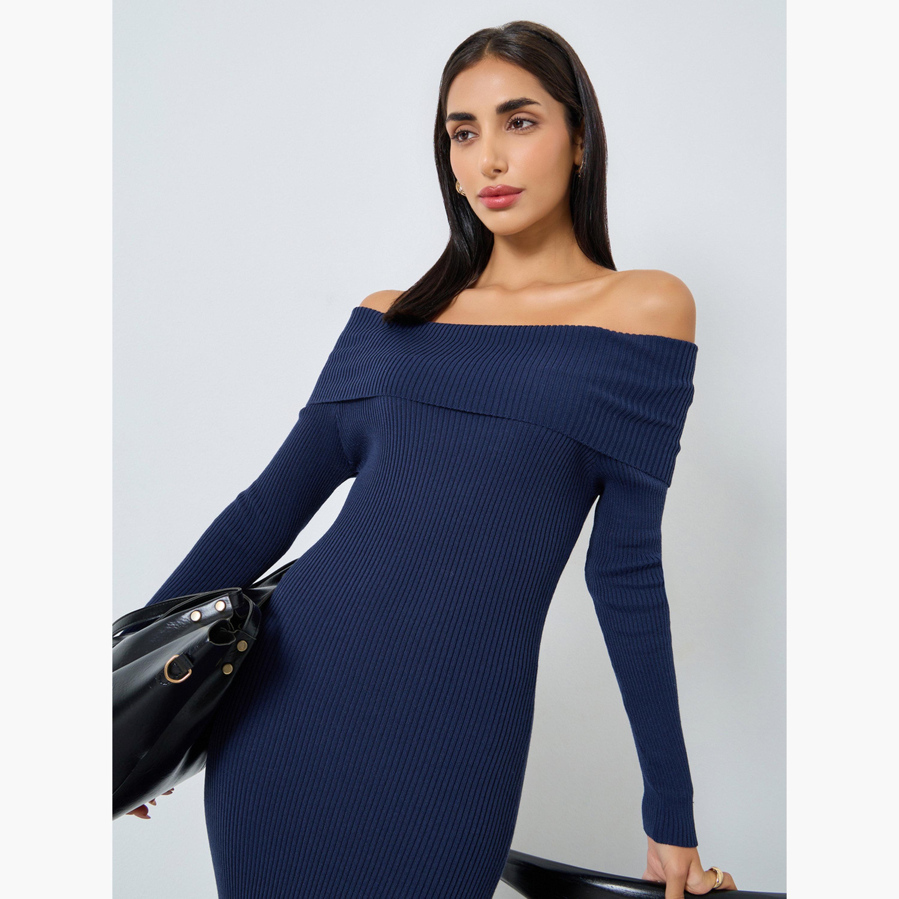 Styli Blue Bardot Neck Sweater Midi Dress-women-clothing-dresses-image-2