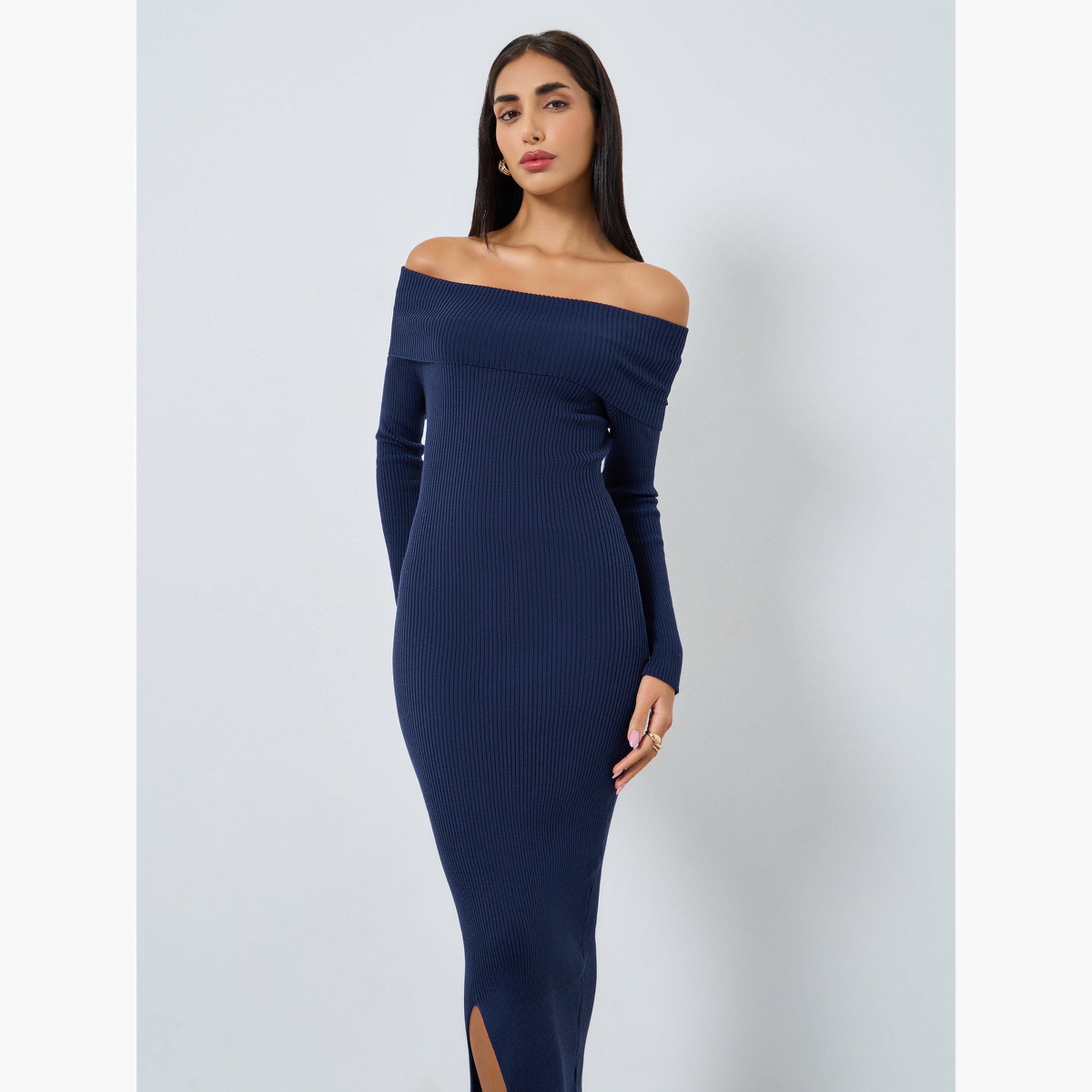 ستايلي - فستان أزرق متوسط ​​الطول بياقة-women-clothing-dresses-image-3