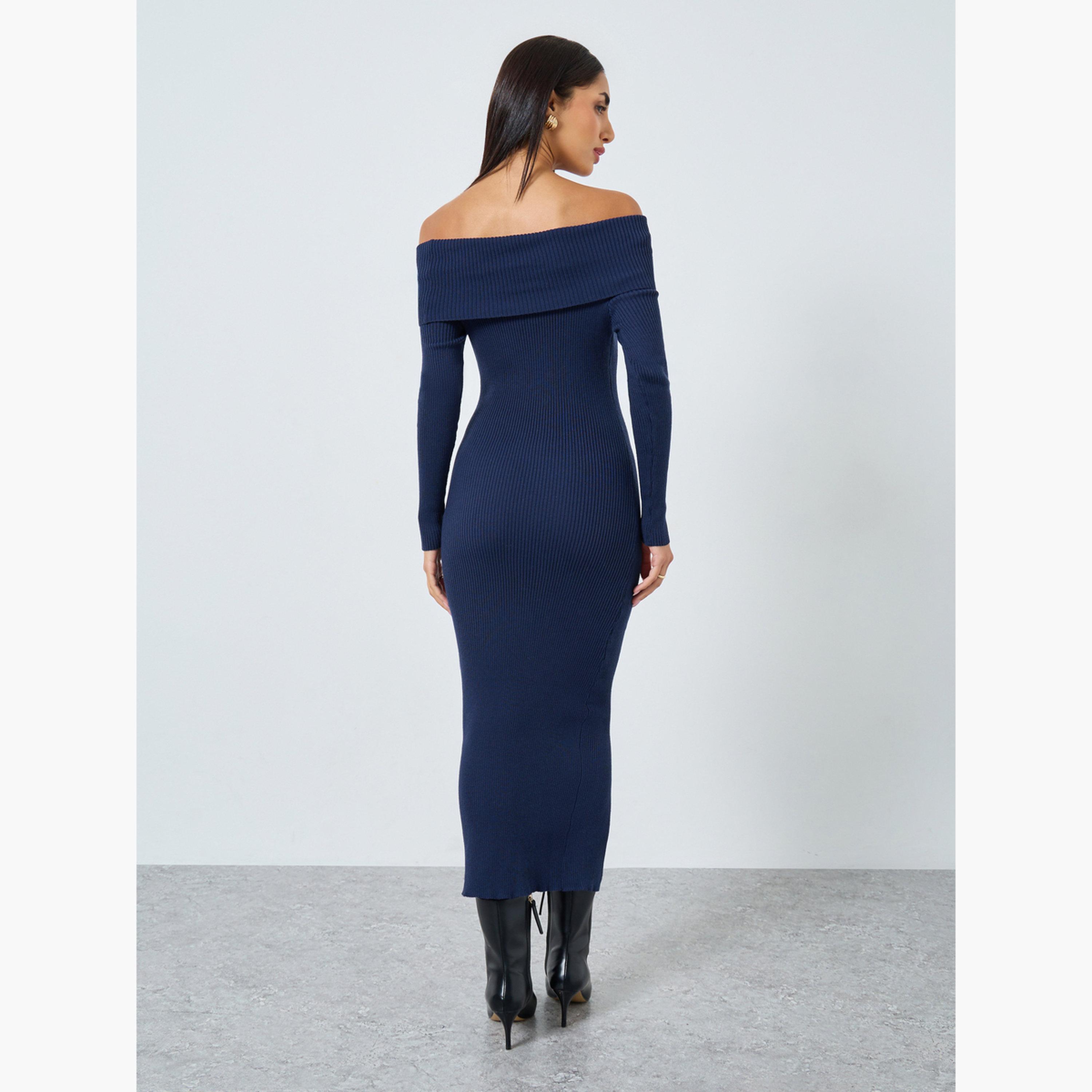 ستايلي - فستان أزرق متوسط ​​الطول بياقة-women-clothing-dresses-image-5