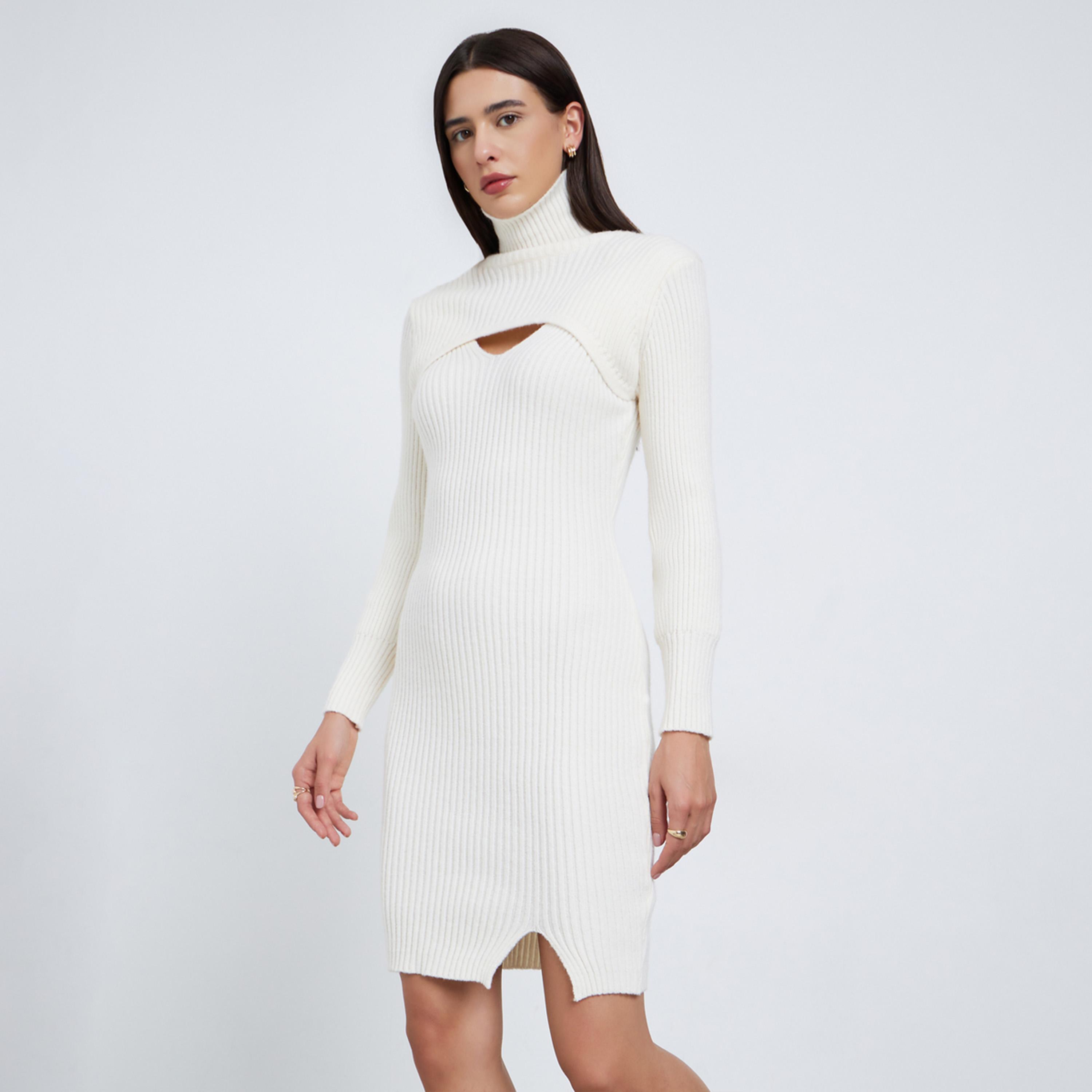ستايلي - فستان محبوك لون اوف وايت بطول الركبة-women-clothing-dresses-image-1