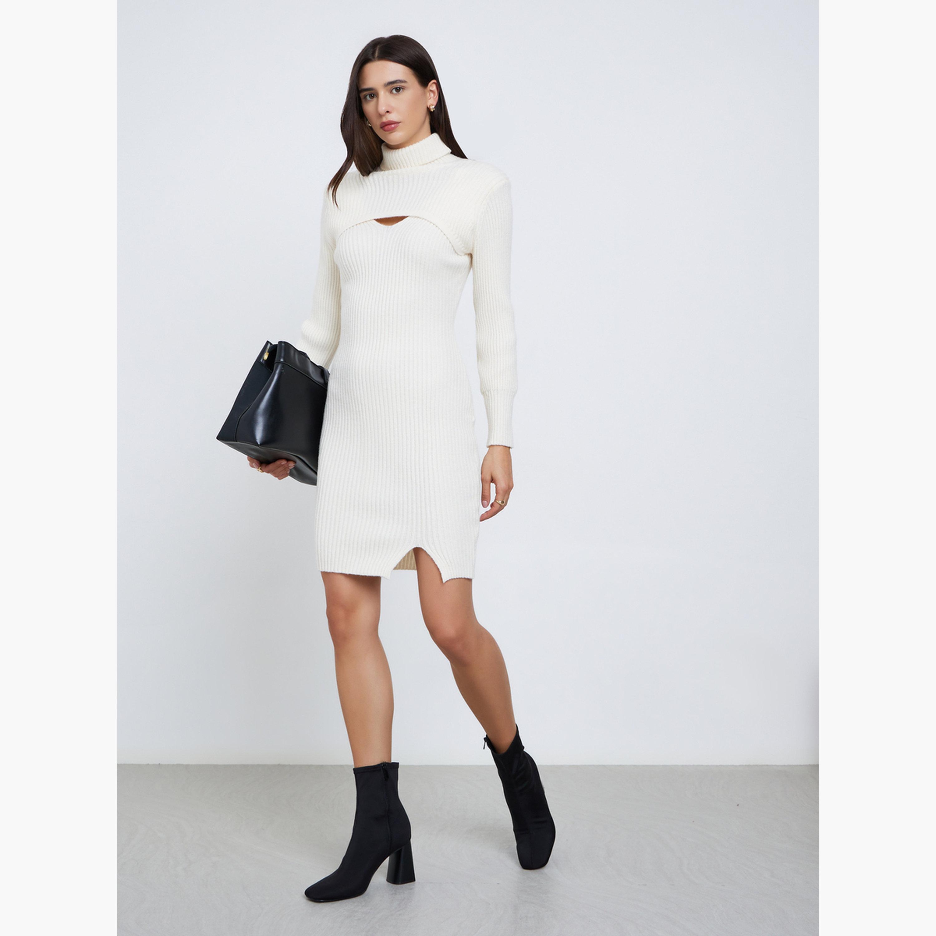 ستايلي - فستان محبوك لون اوف وايت بطول الركبة-women-clothing-dresses-image-2